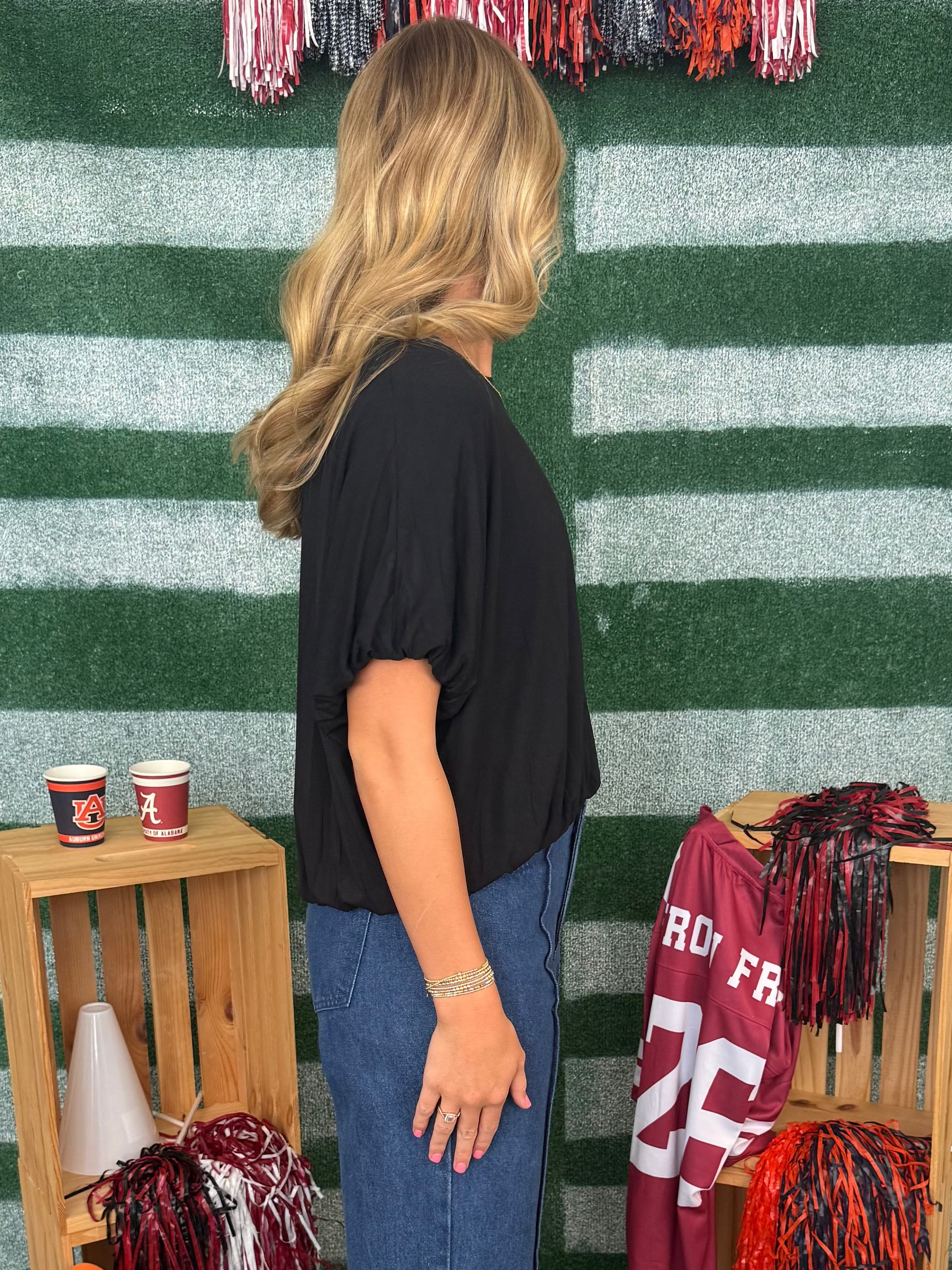 Rivalry Weekend Black Bamboo Bubble Sleeve/Hem Top-Shop-Womens-Boutique-Clothing