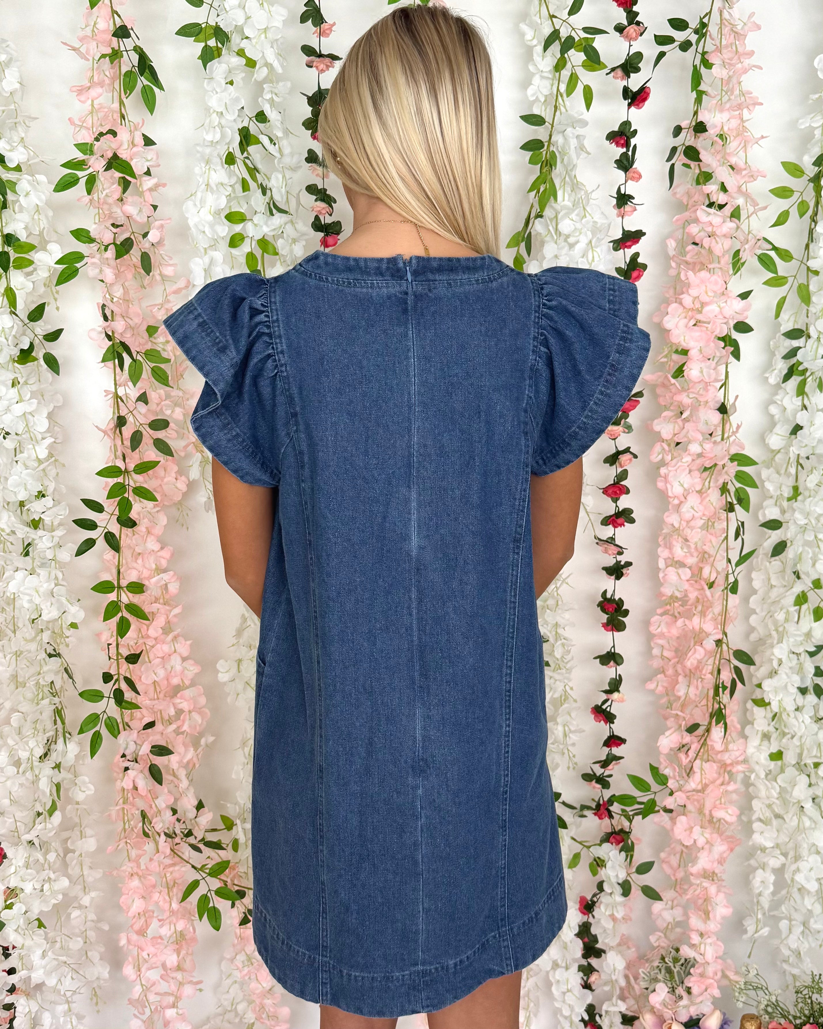 Glowing Ray Denim Ruffle Sleeve Dress-Shop-Womens-Boutique-Clothing