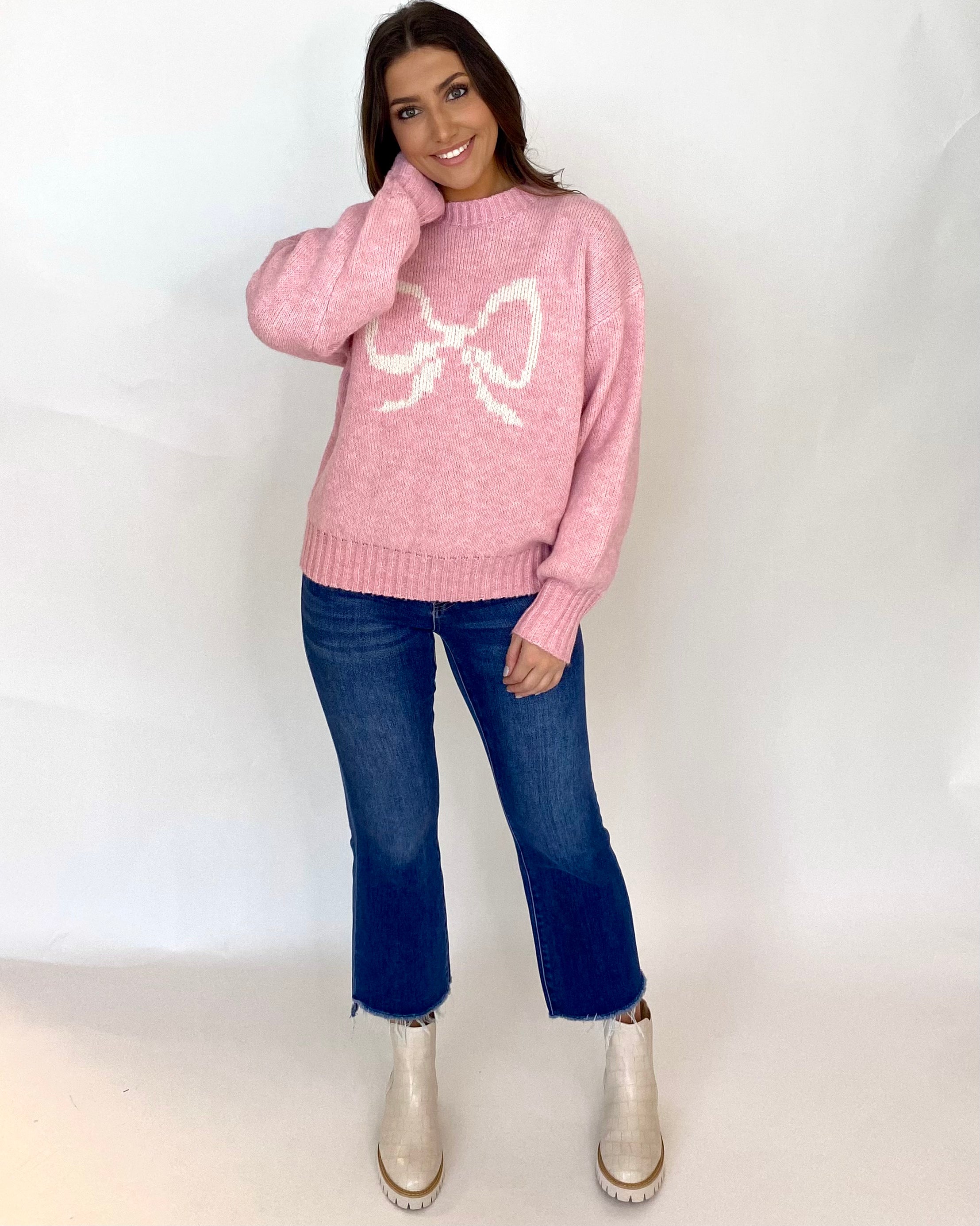 Living Right Pink Bow Knit Sweater-Shop-Womens-Boutique-Clothing