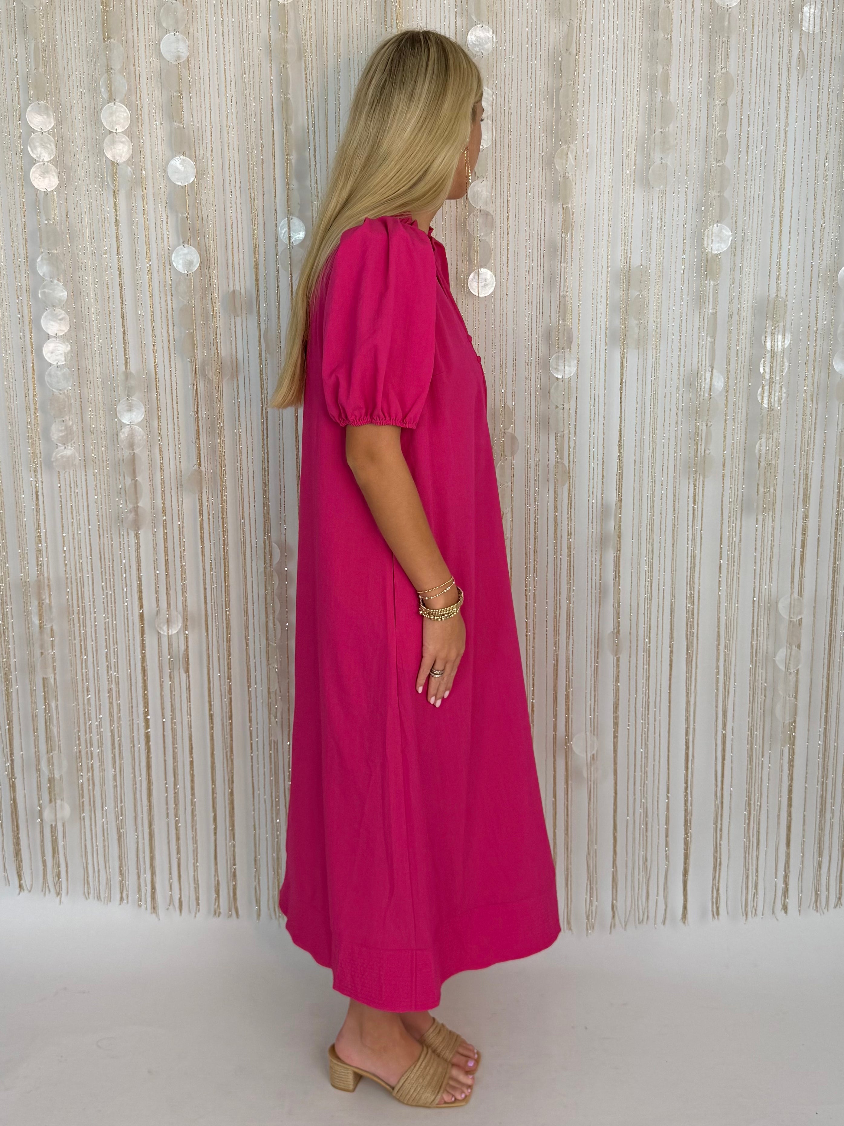 Destined For Hot Pink Ruffle Trim Midi Dress-Shop-Womens-Boutique-Clothing