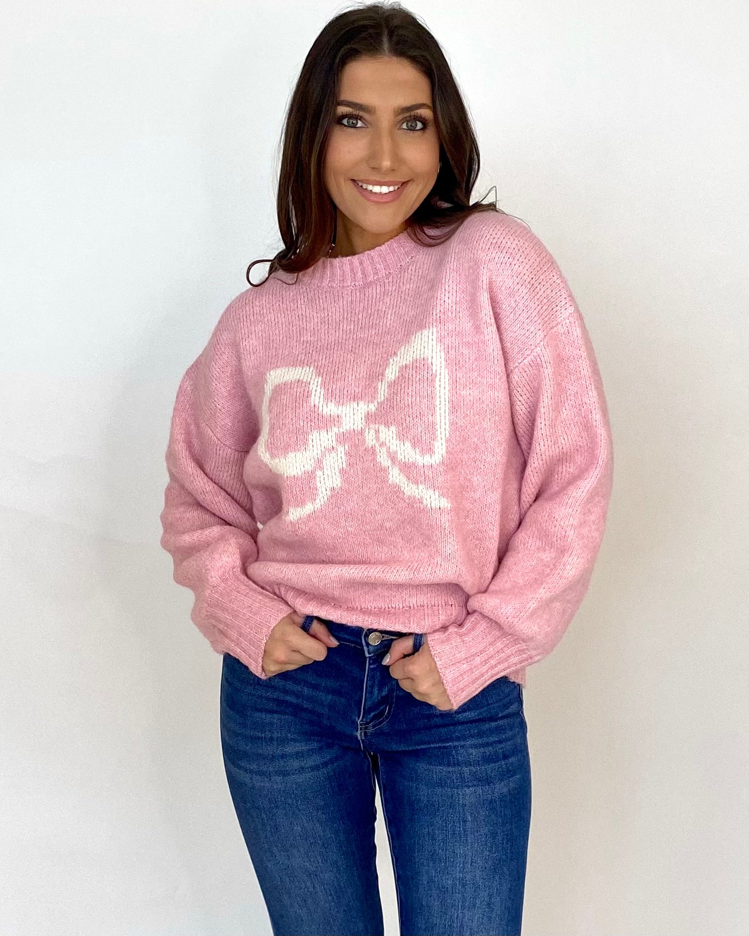 Living Right Pink Bow Knit Sweater-Shop-Womens-Boutique-Clothing