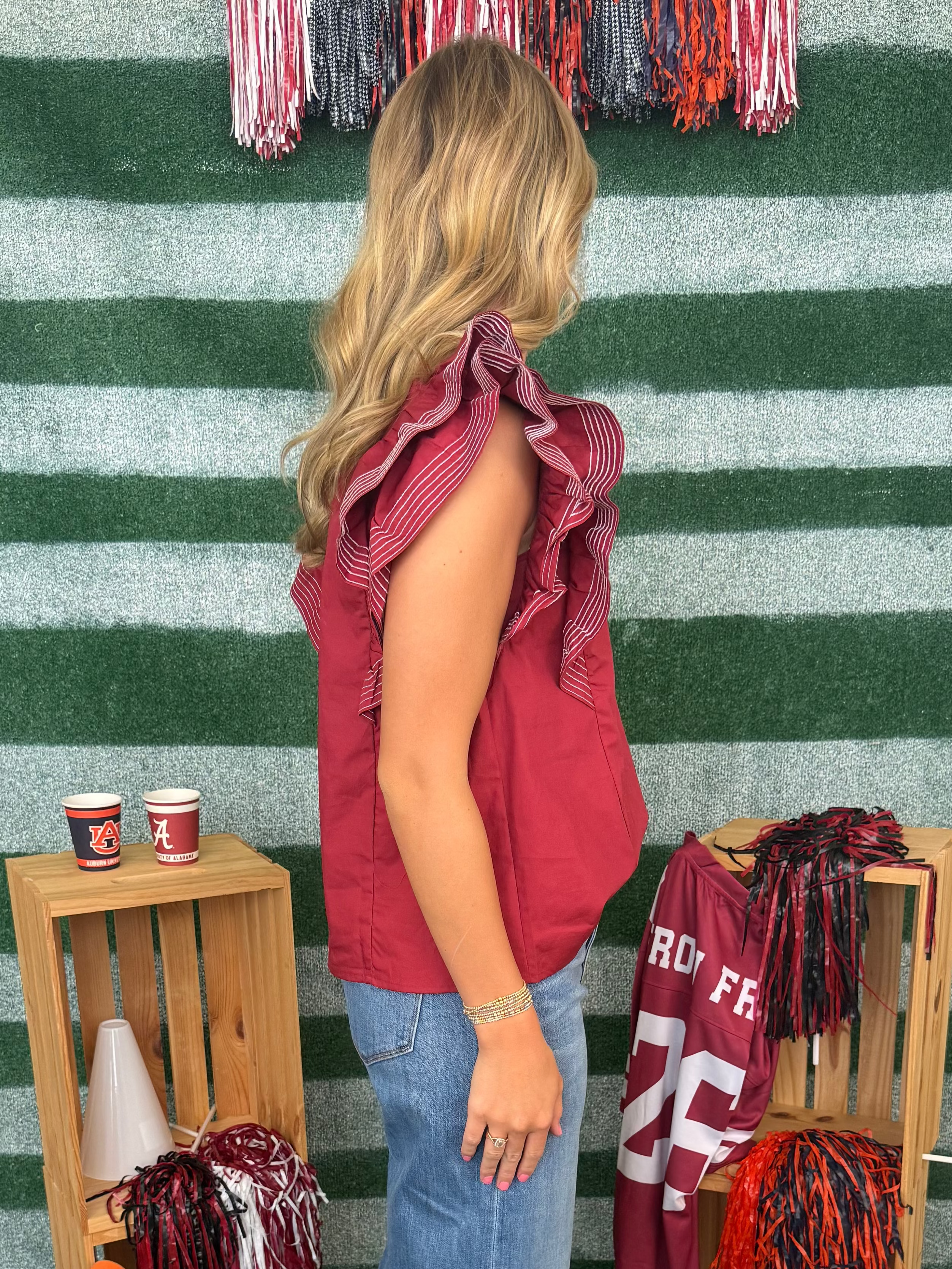 Do Your Thing Garnet Ruffle Sleeve Stitch Detail Top-Shop-Womens-Boutique-Clothing