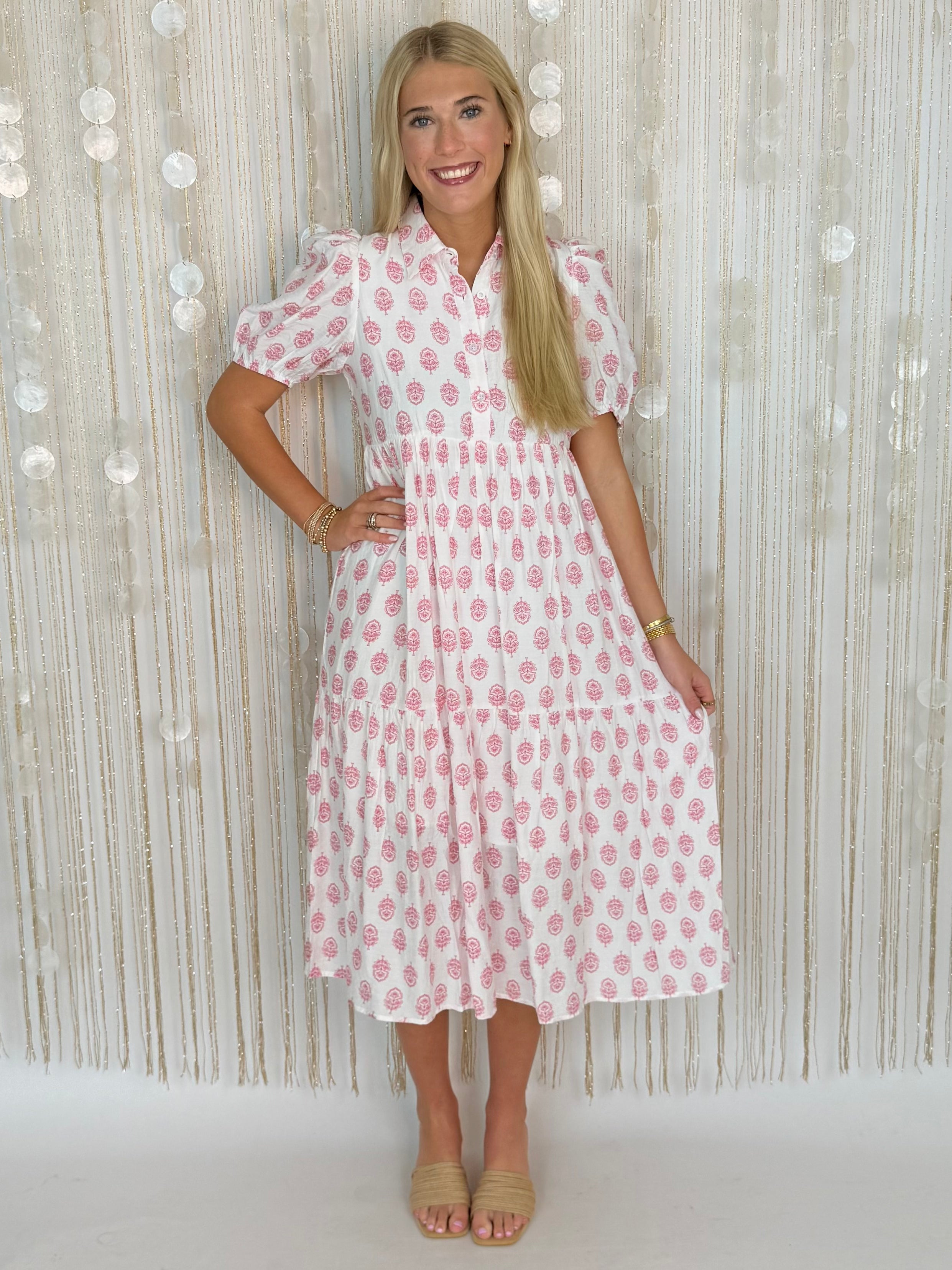 Sunlit Stroll Pink Button Front Dress-Shop-Womens-Boutique-Clothing