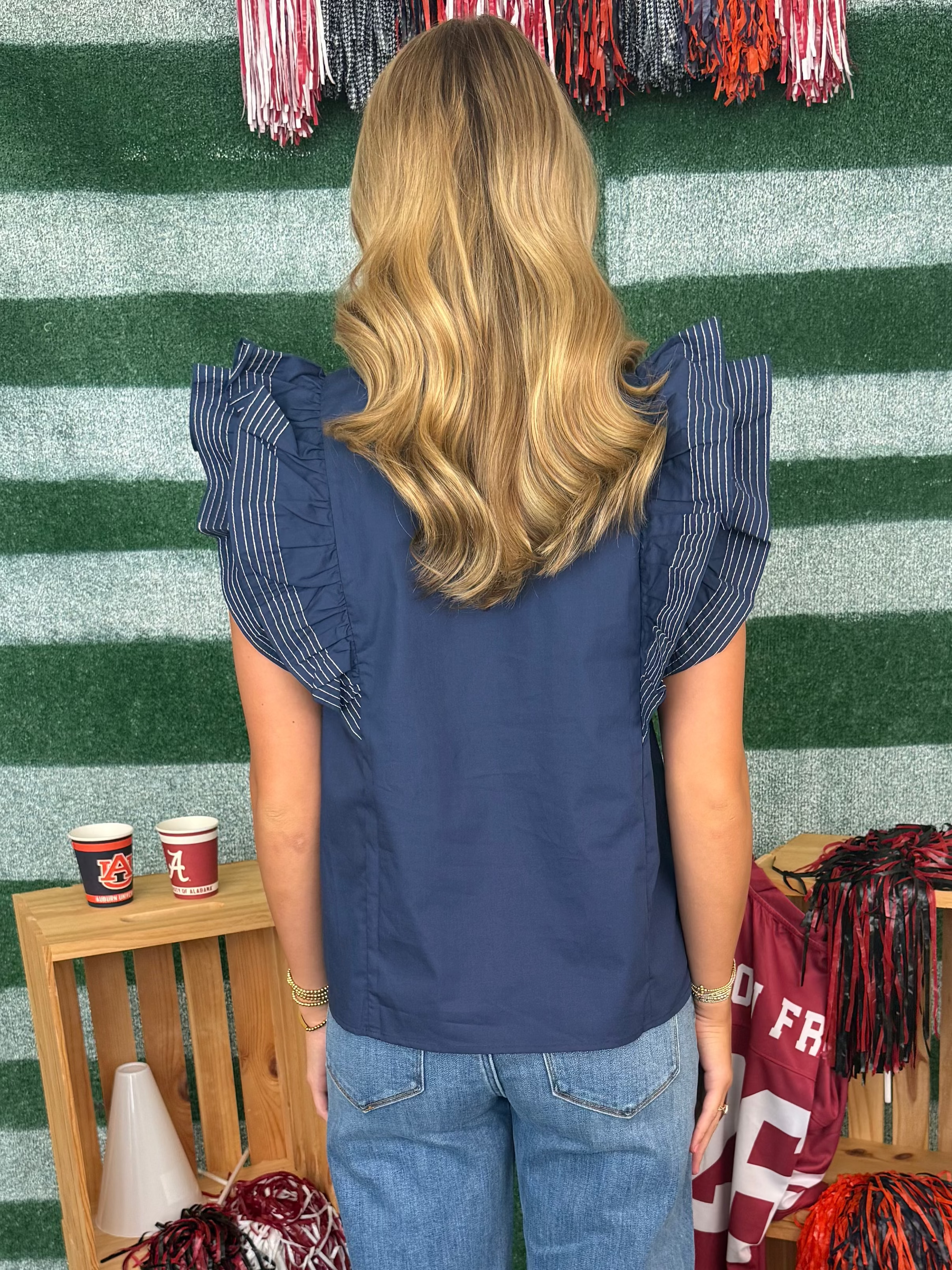 Do Your Thing Navy Ruffle Sleeve Stitch Detail Top-Shop-Womens-Boutique-Clothing