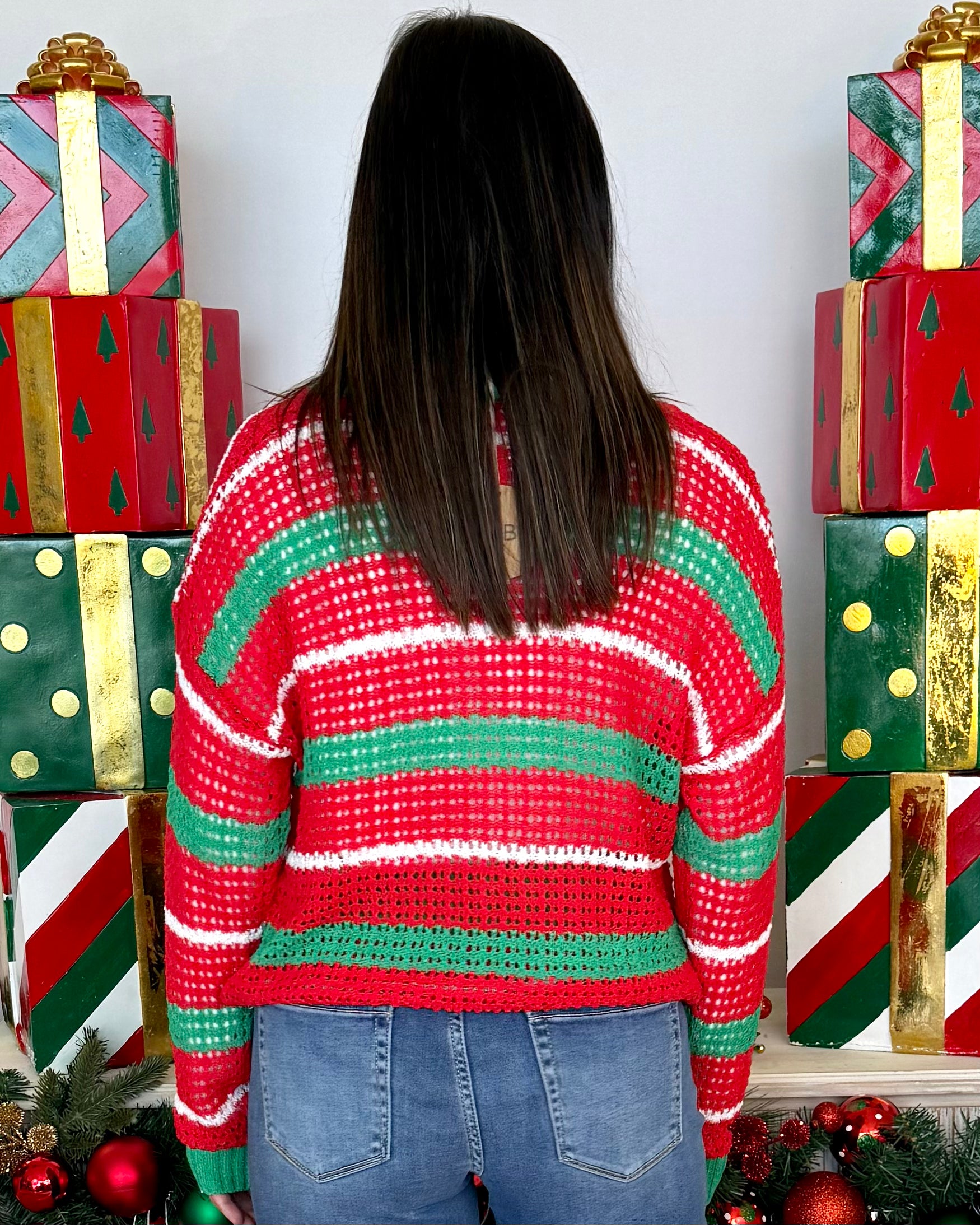 Spread The Joy Red Stripe Pointelle Sweater-Shop-Womens-Boutique-Clothing