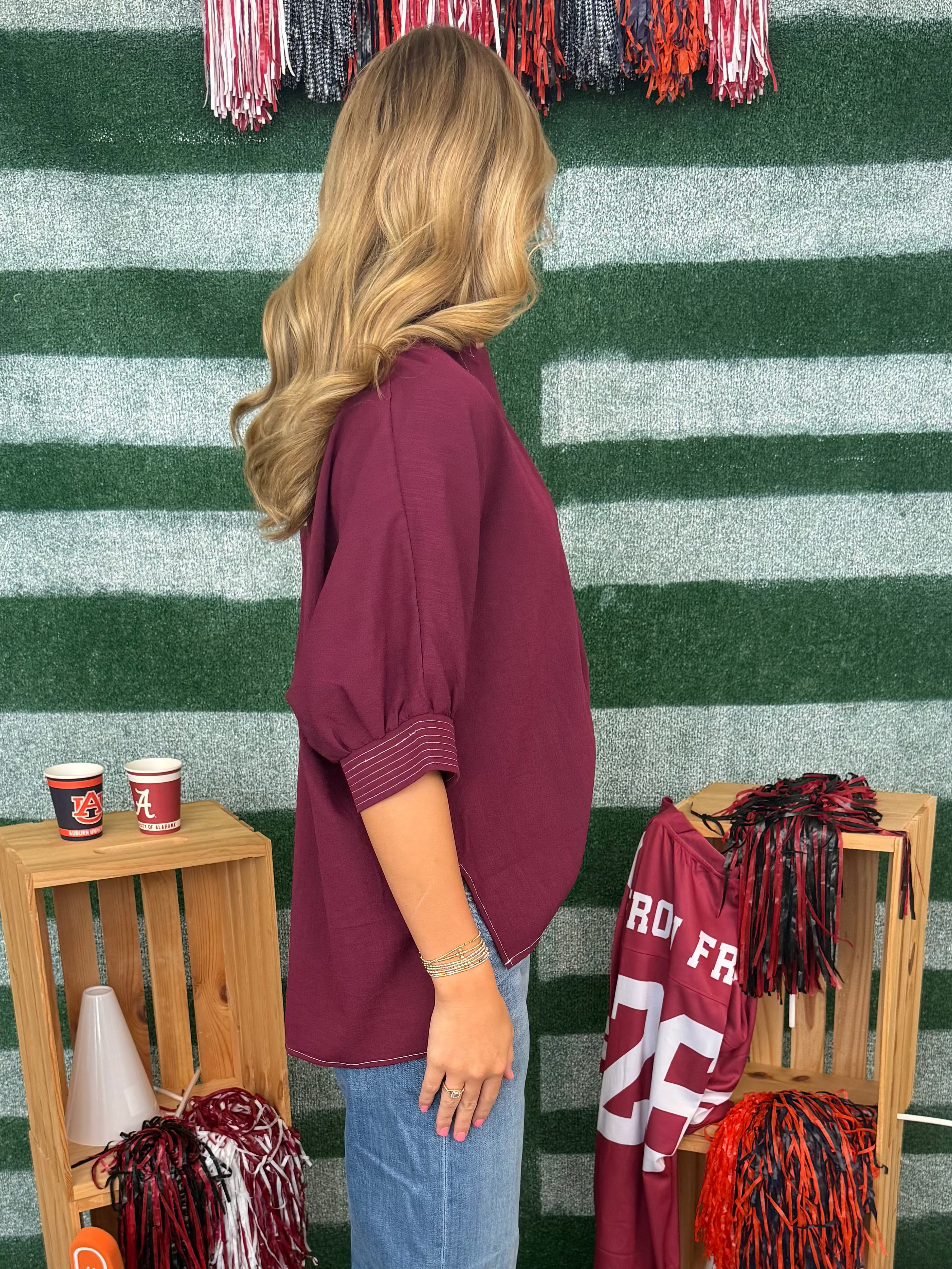 Final Drive Merlot V-Neck Stitch Collared Top-Shop-Womens-Boutique-Clothing
