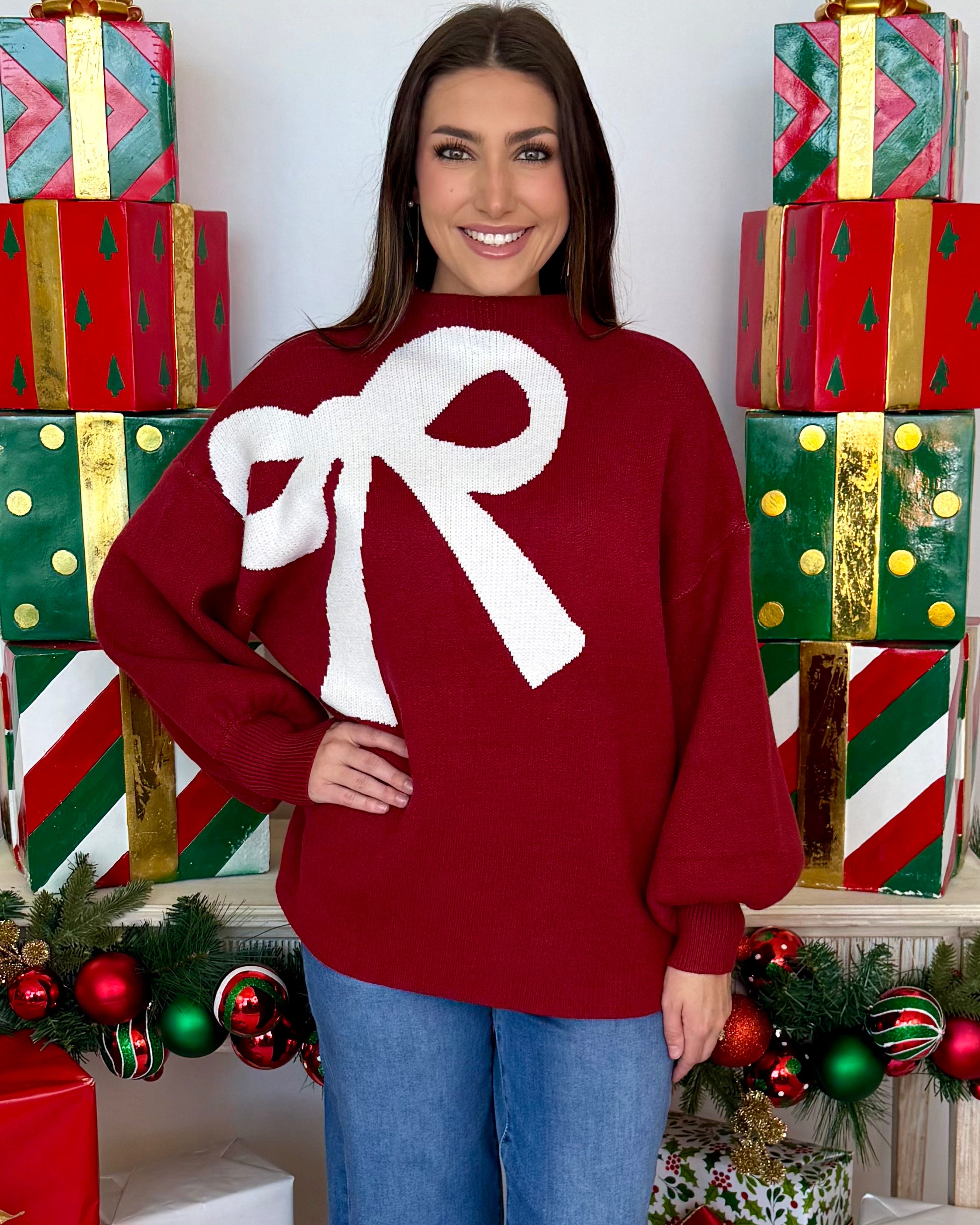 Cue The Cozy Burgundy Ribbon Sweater-Shop-Womens-Boutique-Clothing