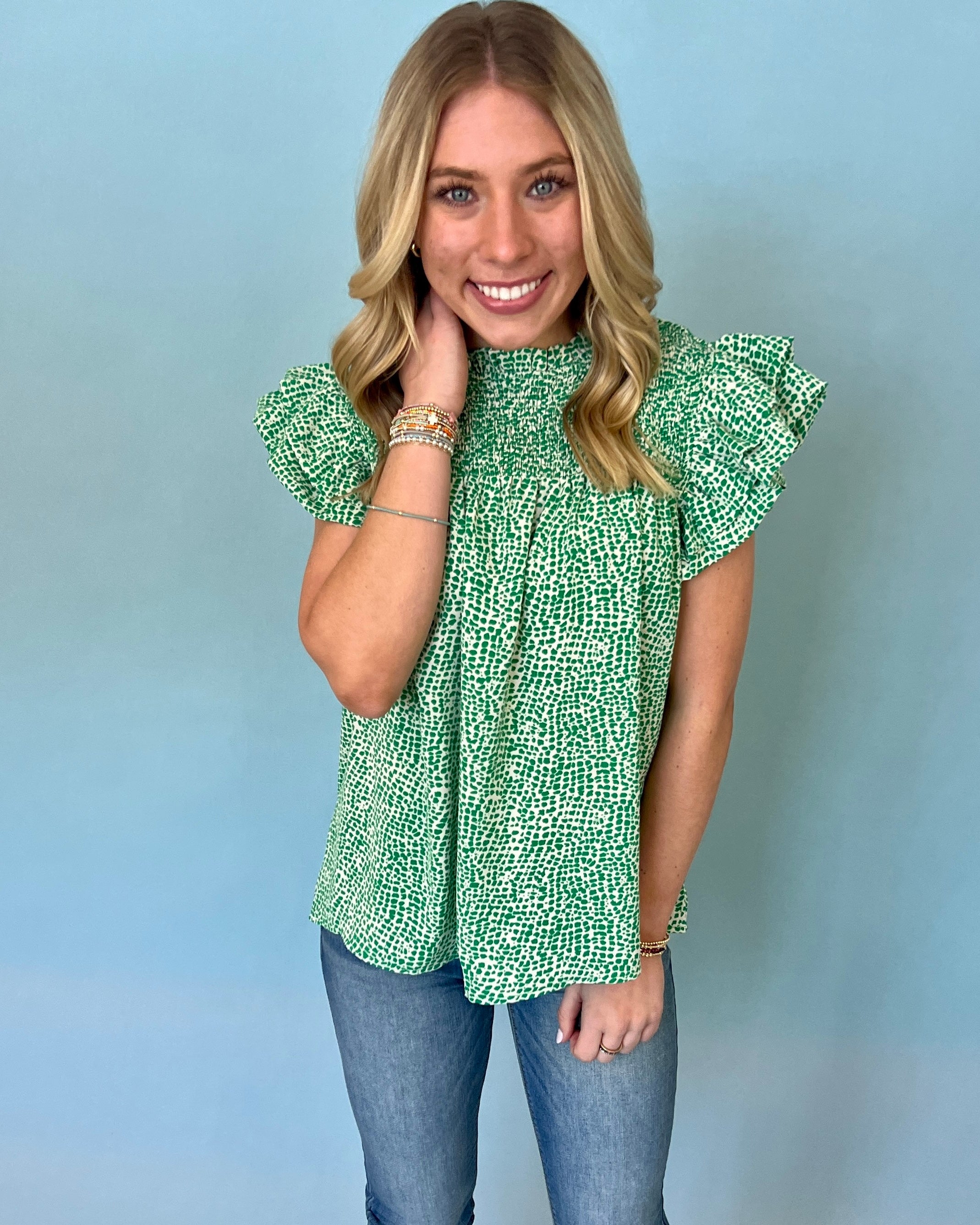 Good Timing Kelly Green Spotted Top-Shop-Womens-Boutique-Clothing