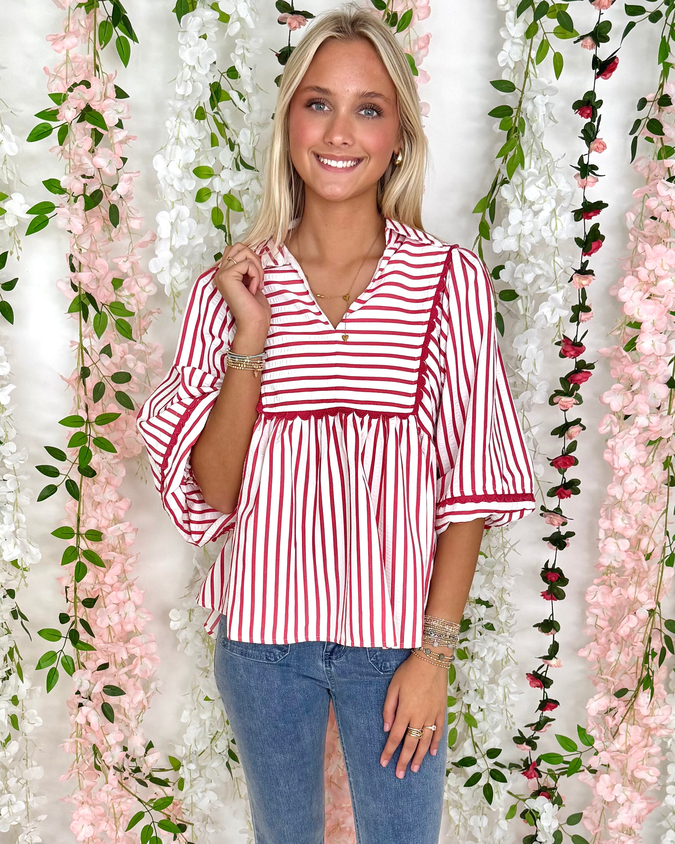 What You Love Red Striped RicRac Top-Shop-Womens-Boutique-Clothing