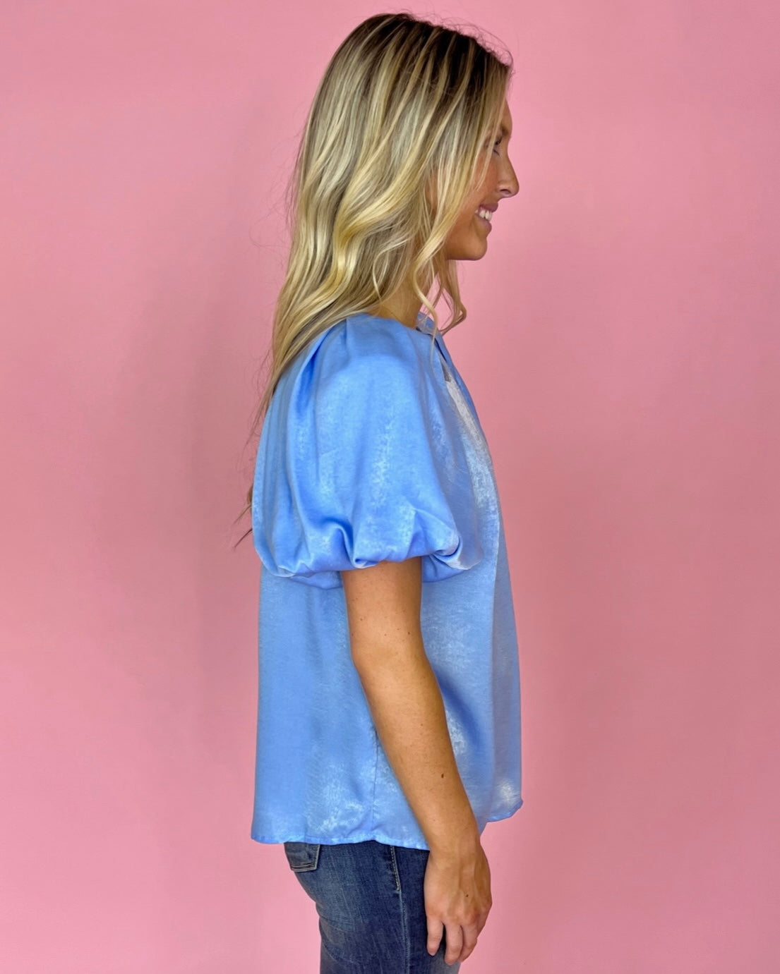 A New Opportunity Sky Blue Satin Puff Sleeve Top-Shop-Womens-Boutique-Clothing