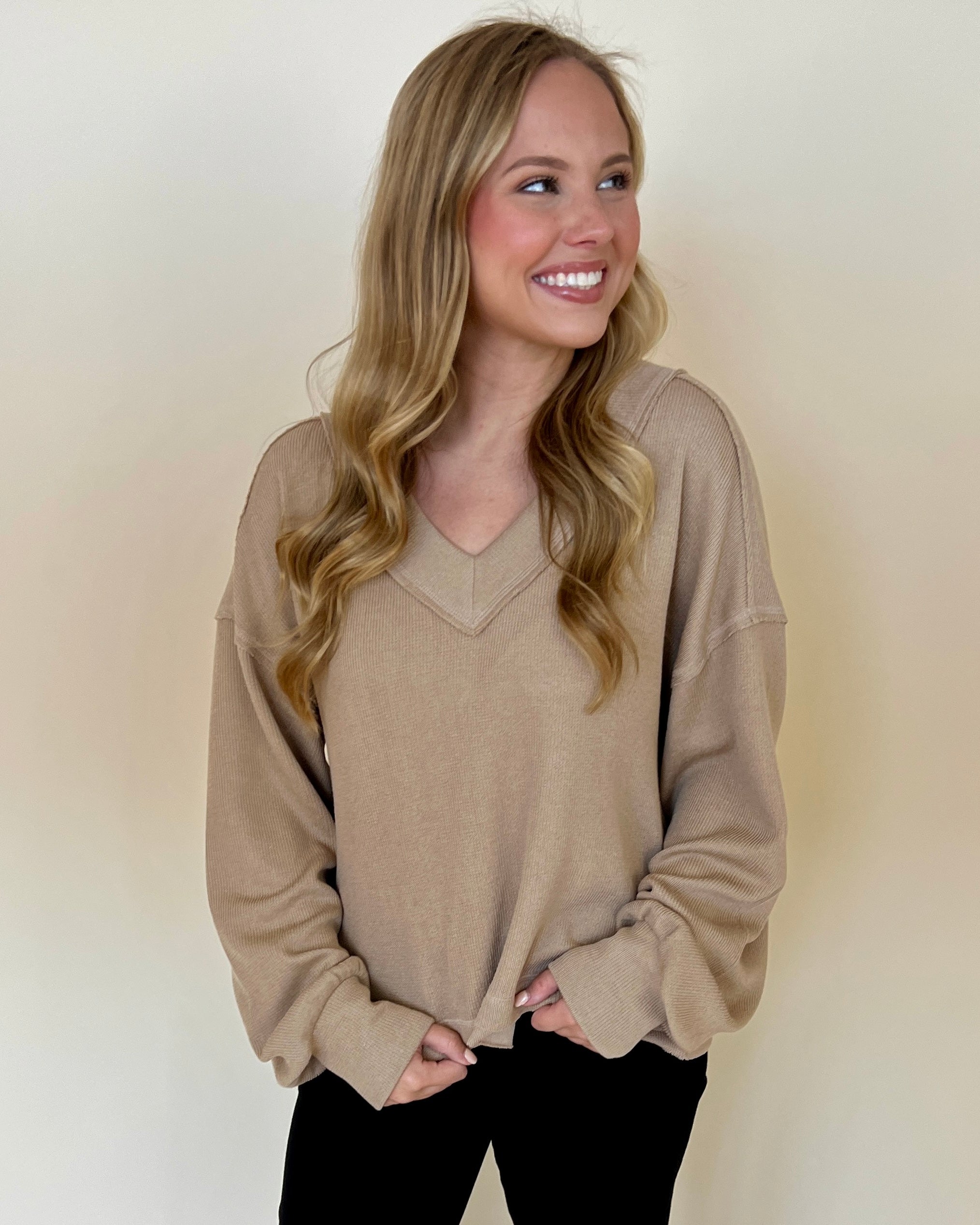 True Warmth Mocha Ribbed V-neck Top-Shop-Womens-Boutique-Clothing