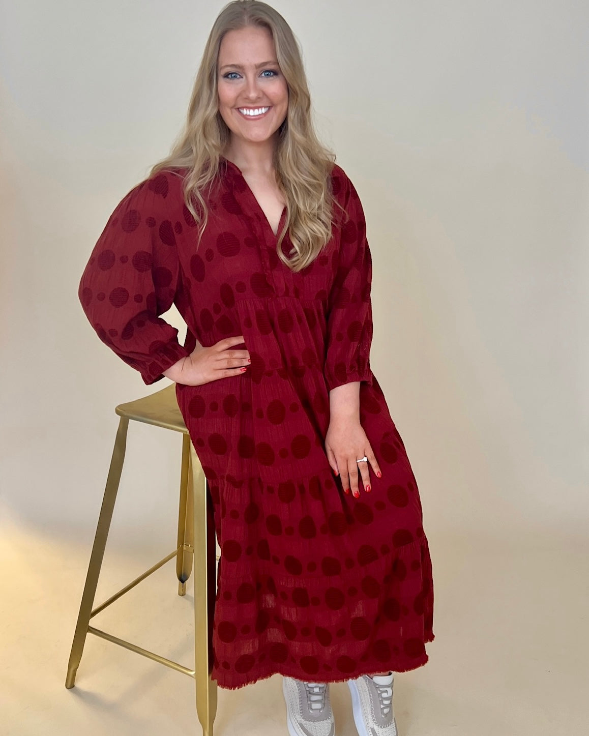 In Time Wine Plus Dot Textured Maxi Dress-Shop-Womens-Boutique-Clothing