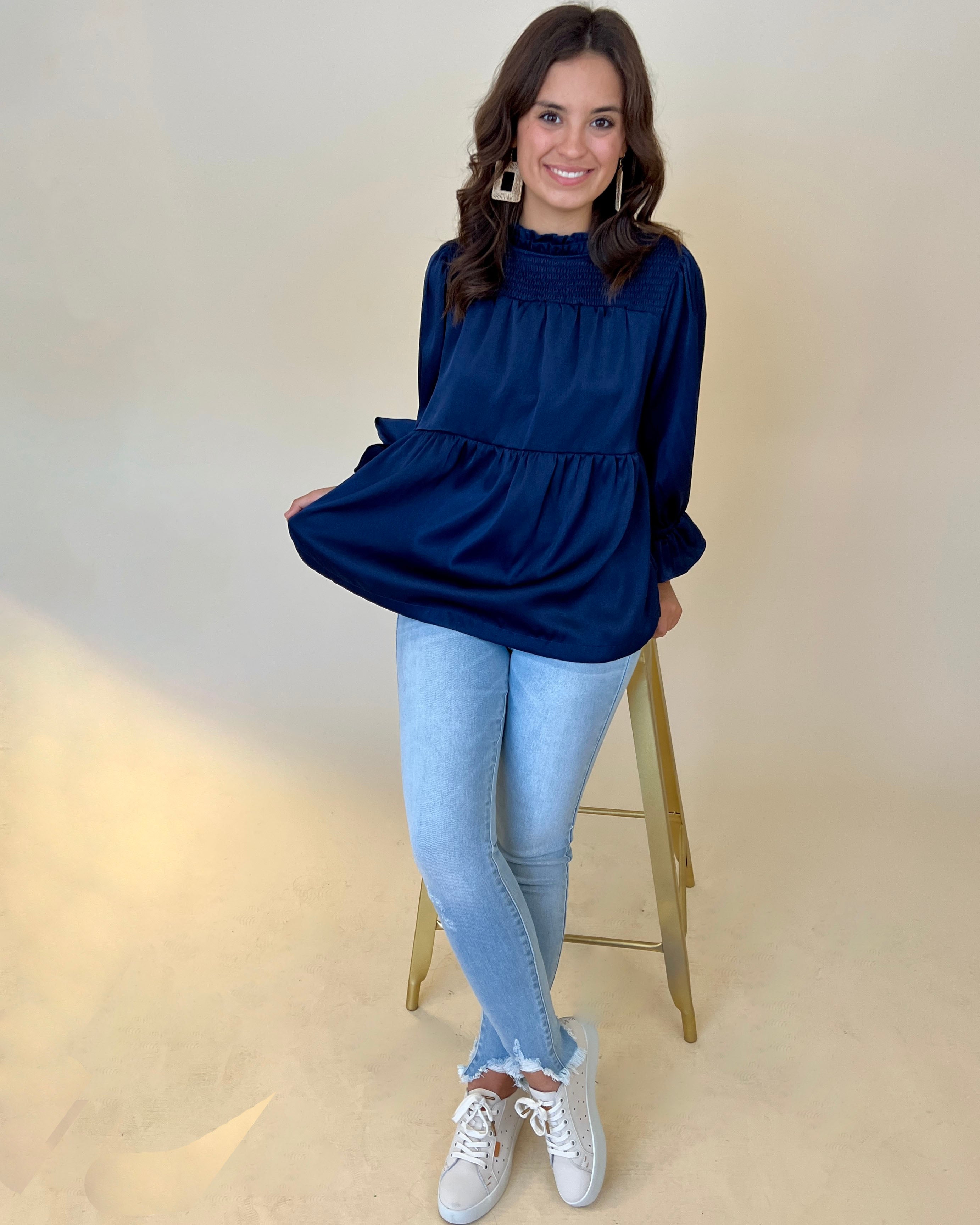 With Me Navy Satin Smocked Top-Shop-Womens-Boutique-Clothing