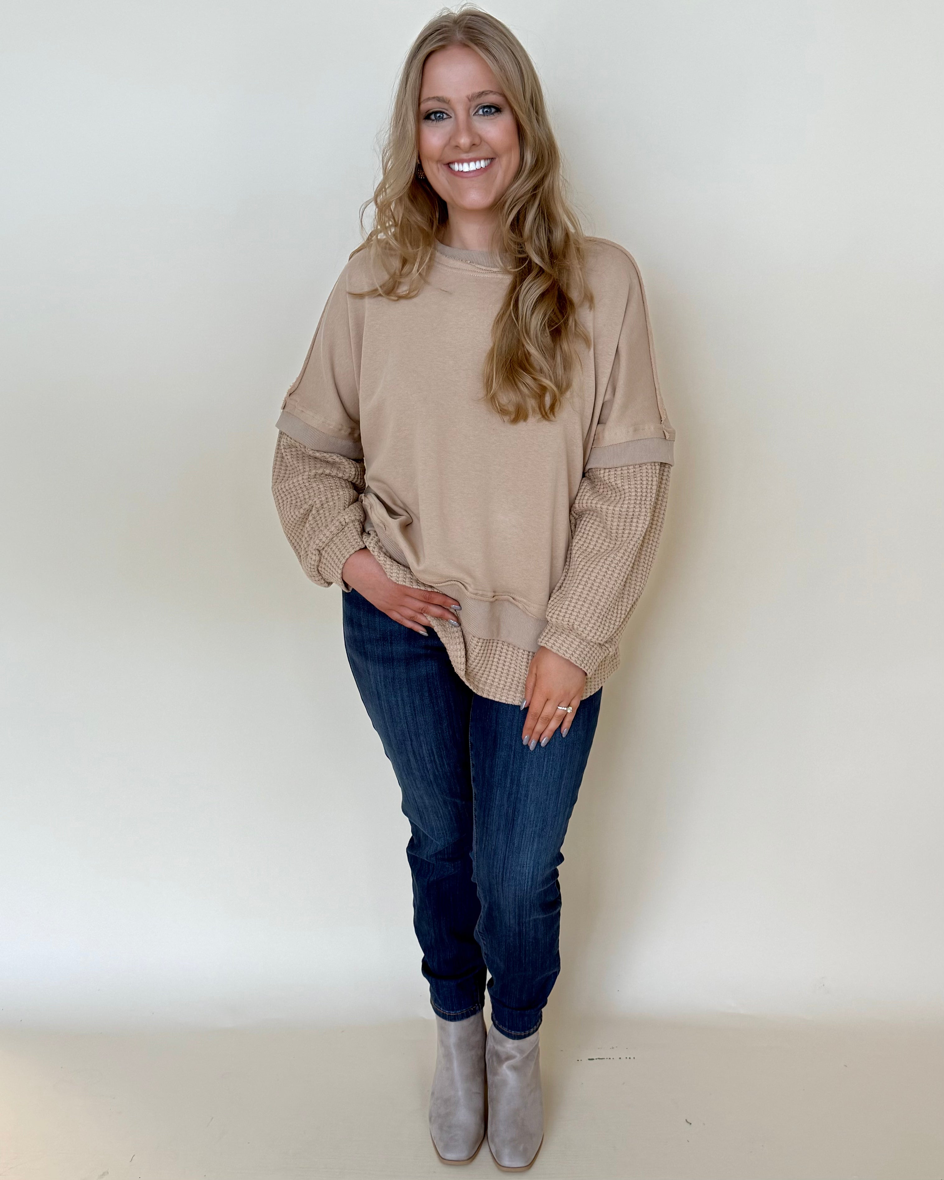 Another Life Taupe Plus Contrast Sweatshirt-Shop-Womens-Boutique-Clothing