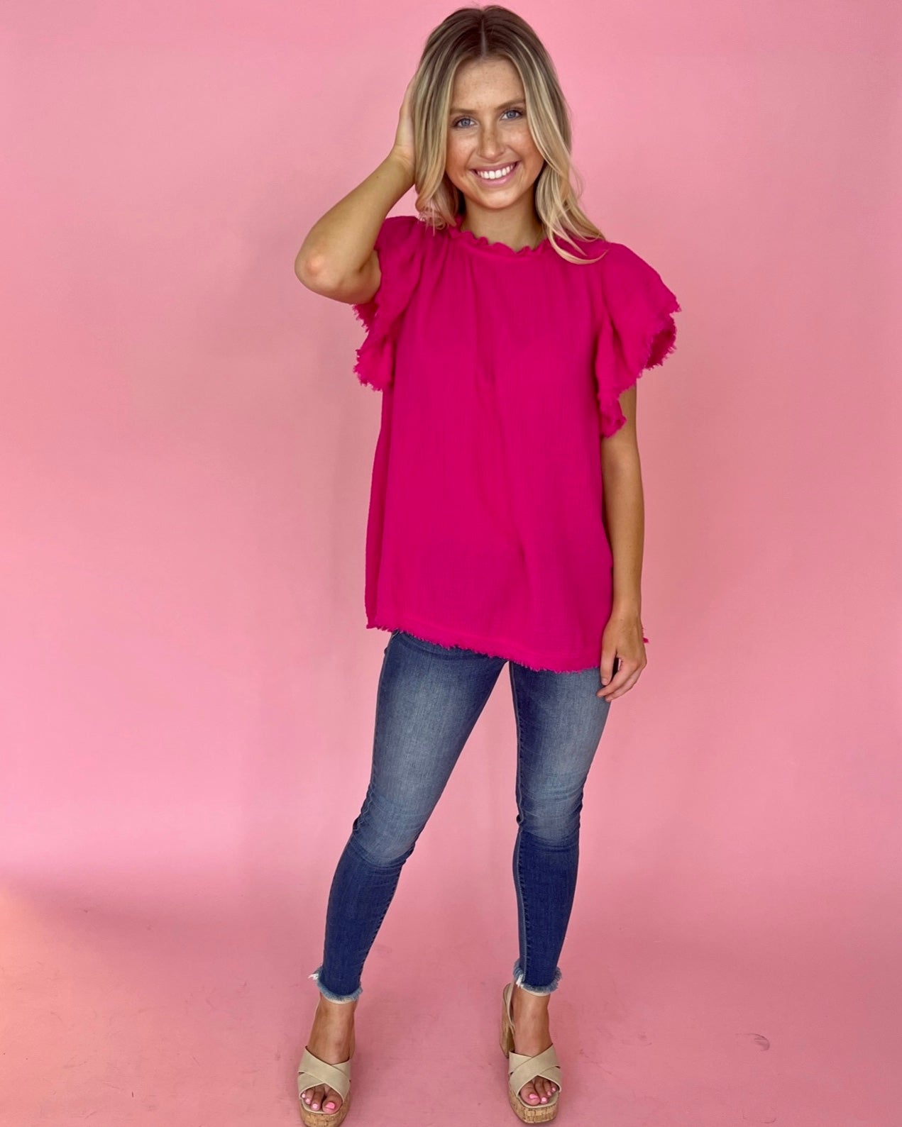 Make No Mistakes Hot Pink Ruffle Sleeve High Neck Top-Shop-Womens-Boutique-Clothing