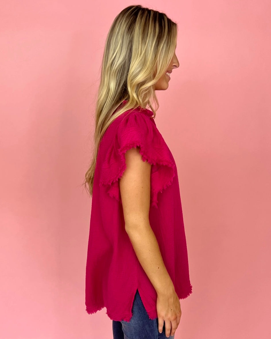 Make No Mistakes Hot Pink Ruffle Sleeve High Neck Top-Shop-Womens-Boutique-Clothing