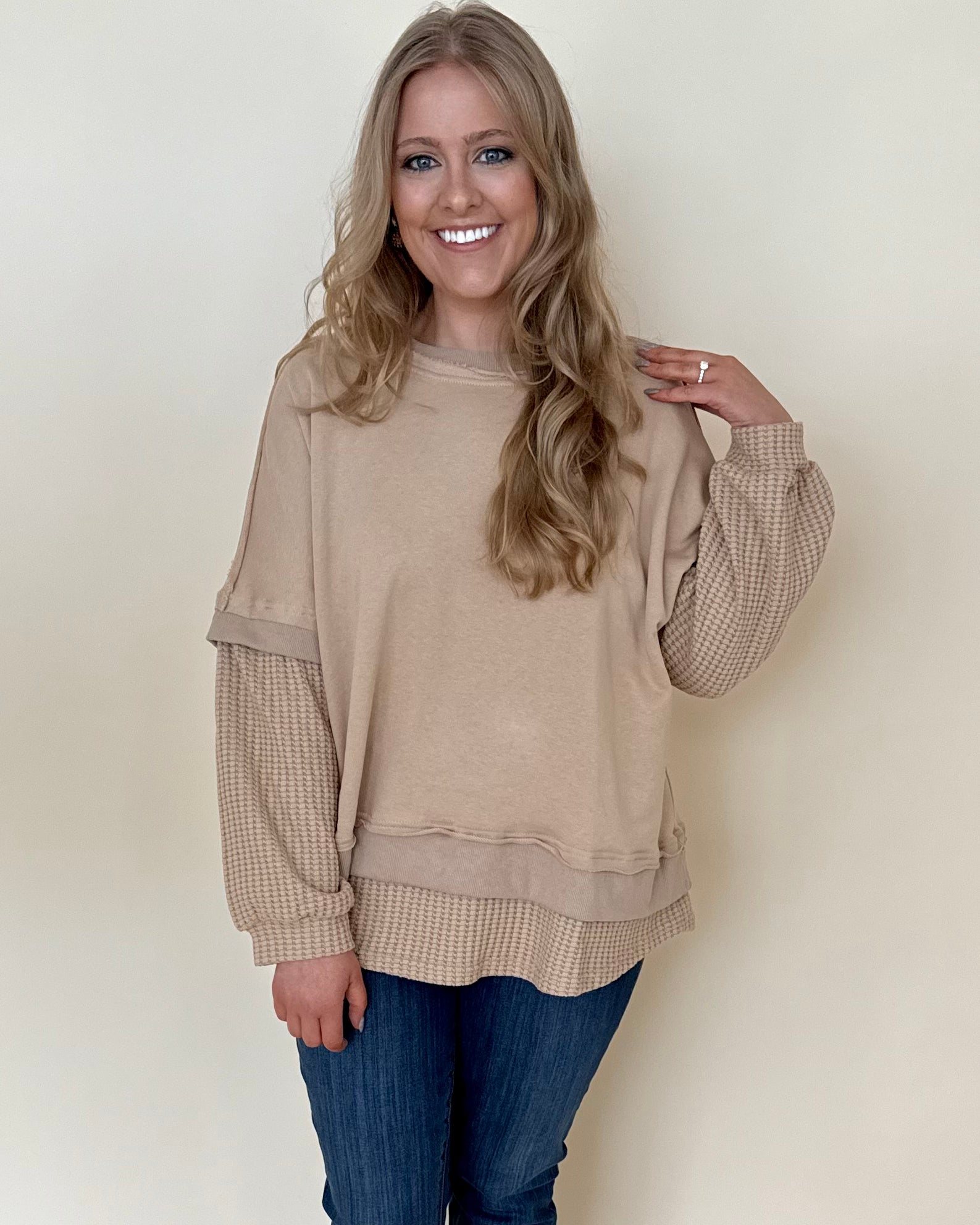 Another Life Taupe Plus Contrast Sweatshirt-Shop-Womens-Boutique-Clothing