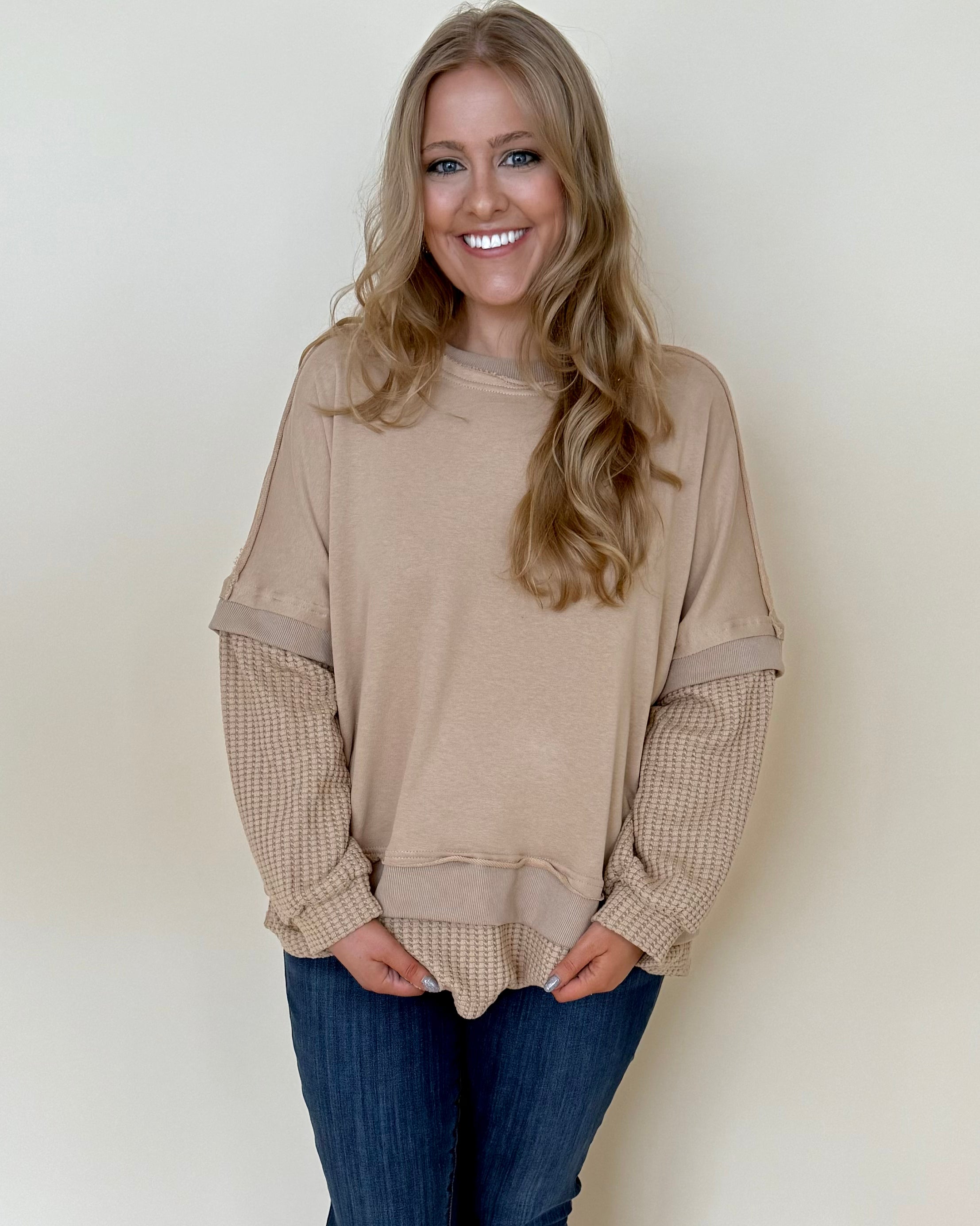 Another Life Taupe Plus Contrast Sweatshirt-Shop-Womens-Boutique-Clothing