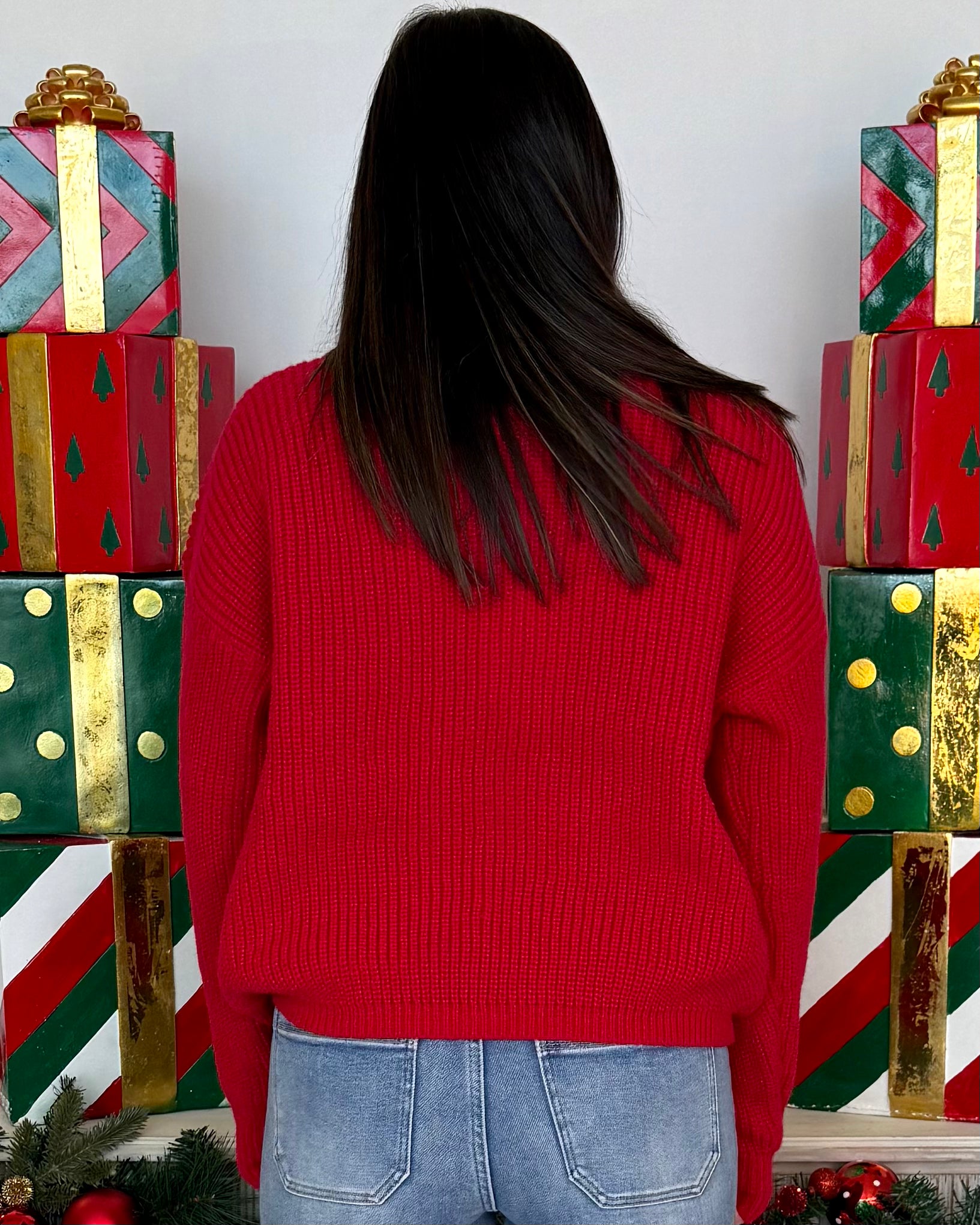 Oh So Charmed Red/Silver Bow Sweater-Shop-Womens-Boutique-Clothing