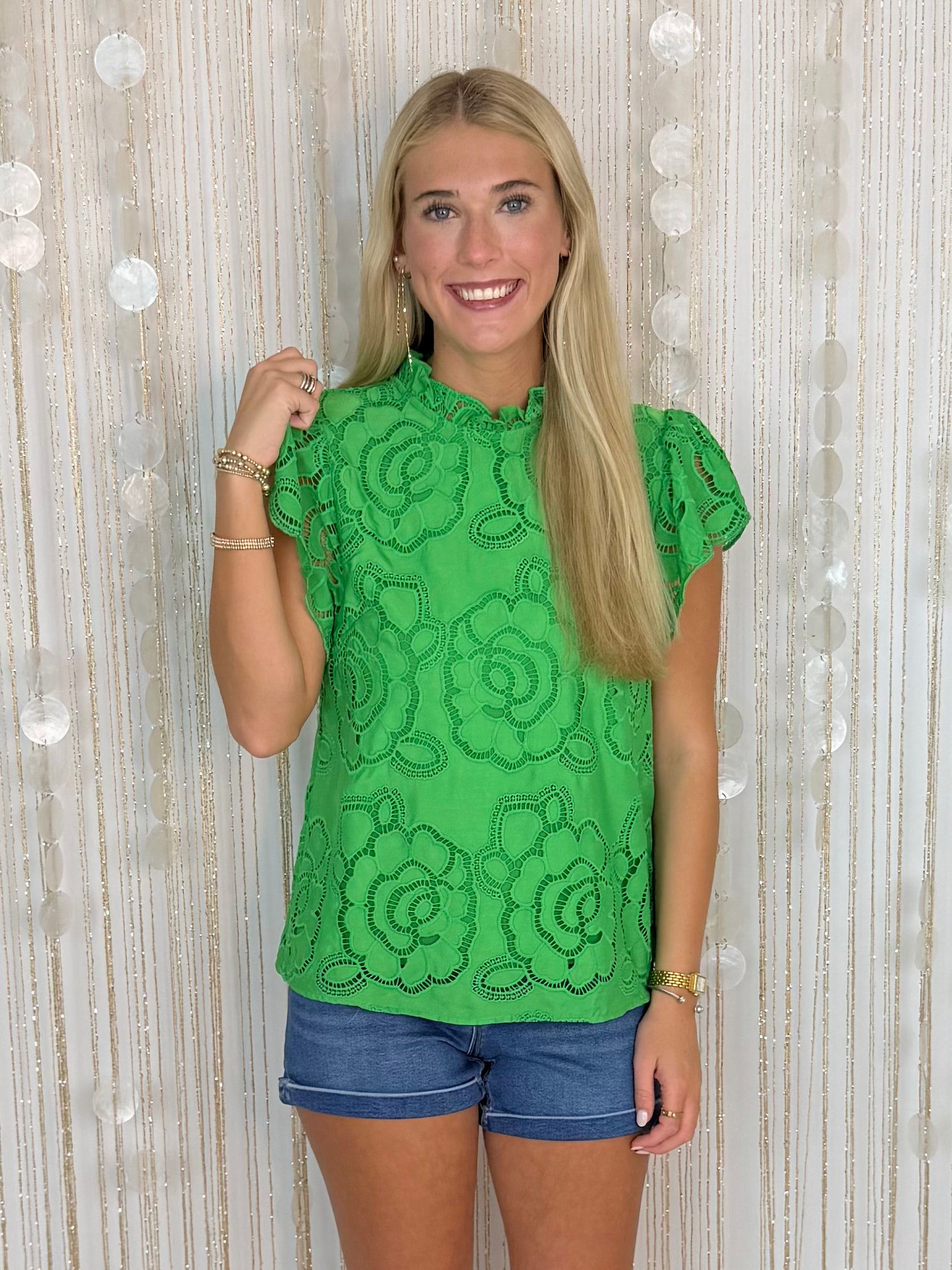 Garden Escape Kelly Green Floral Eyelet Top-Shop-Womens-Boutique-Clothing