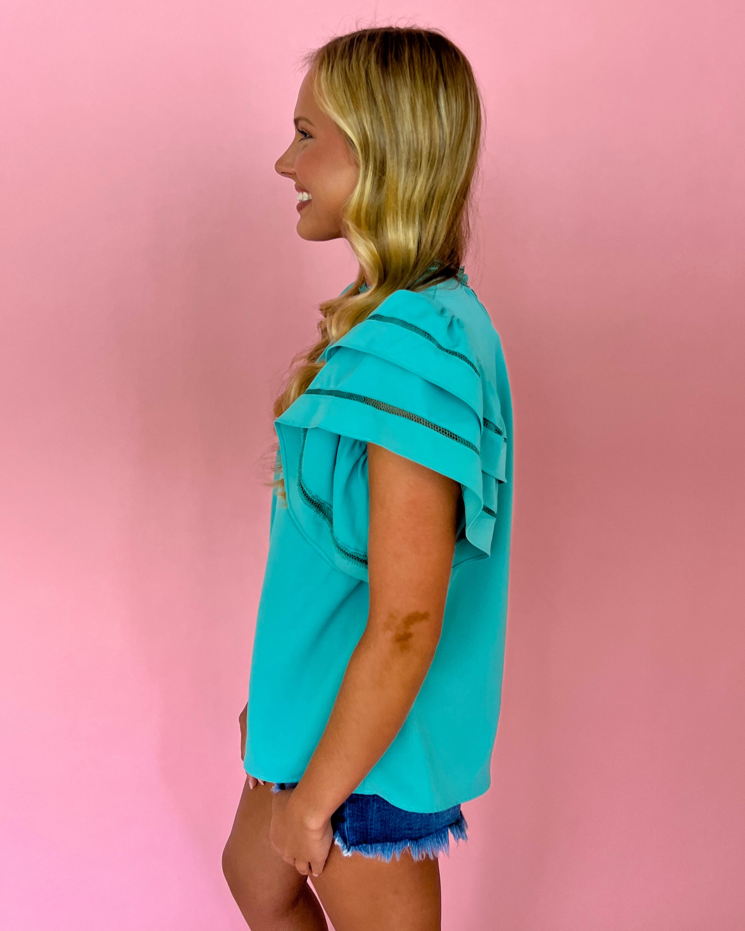 Sunny Days Aqua Double Layer Sleeve Mock Neck Top-Shop-Womens-Boutique-Clothing