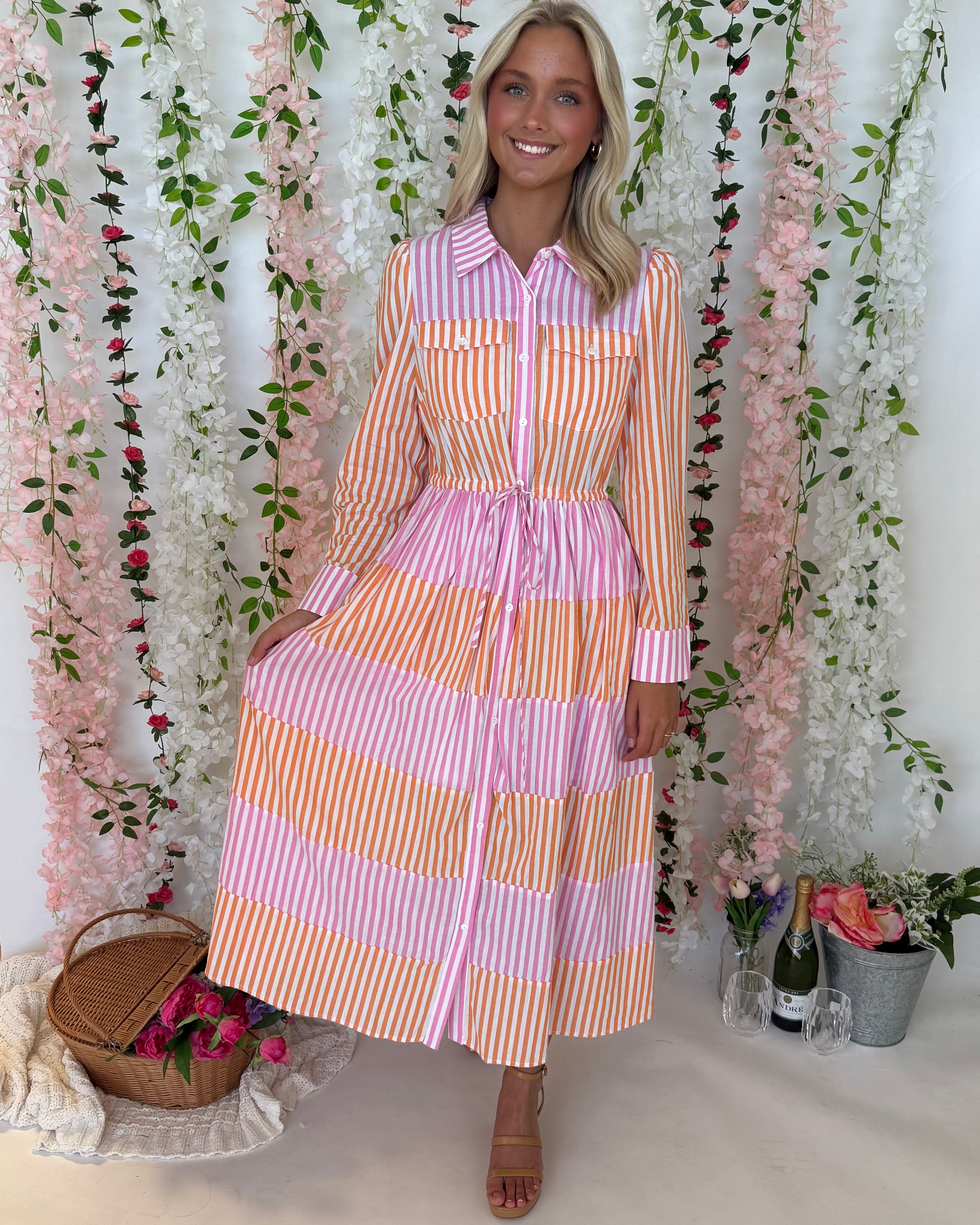 Always Us Lt Pink Striped Midi Dress-Shop-Womens-Boutique-Clothing