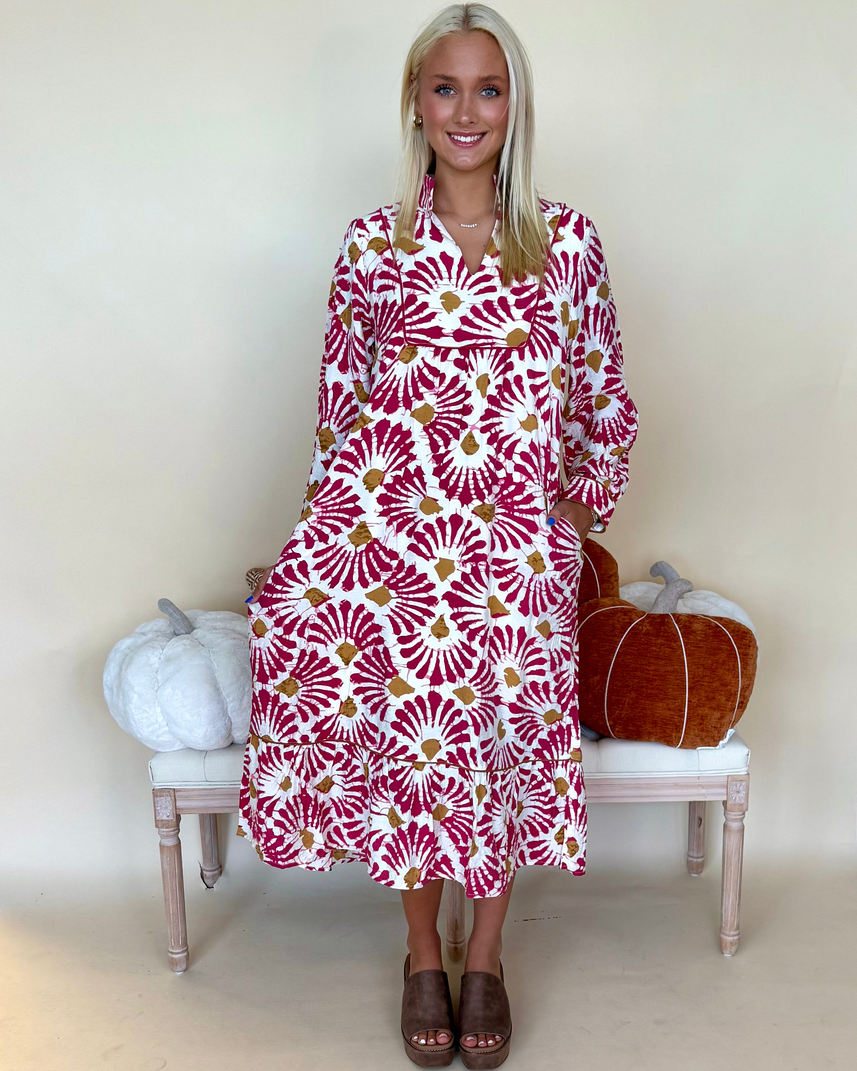 Midnight Garden Magenta Boho Print Midi Dress-Shop-Womens-Boutique-Clothing