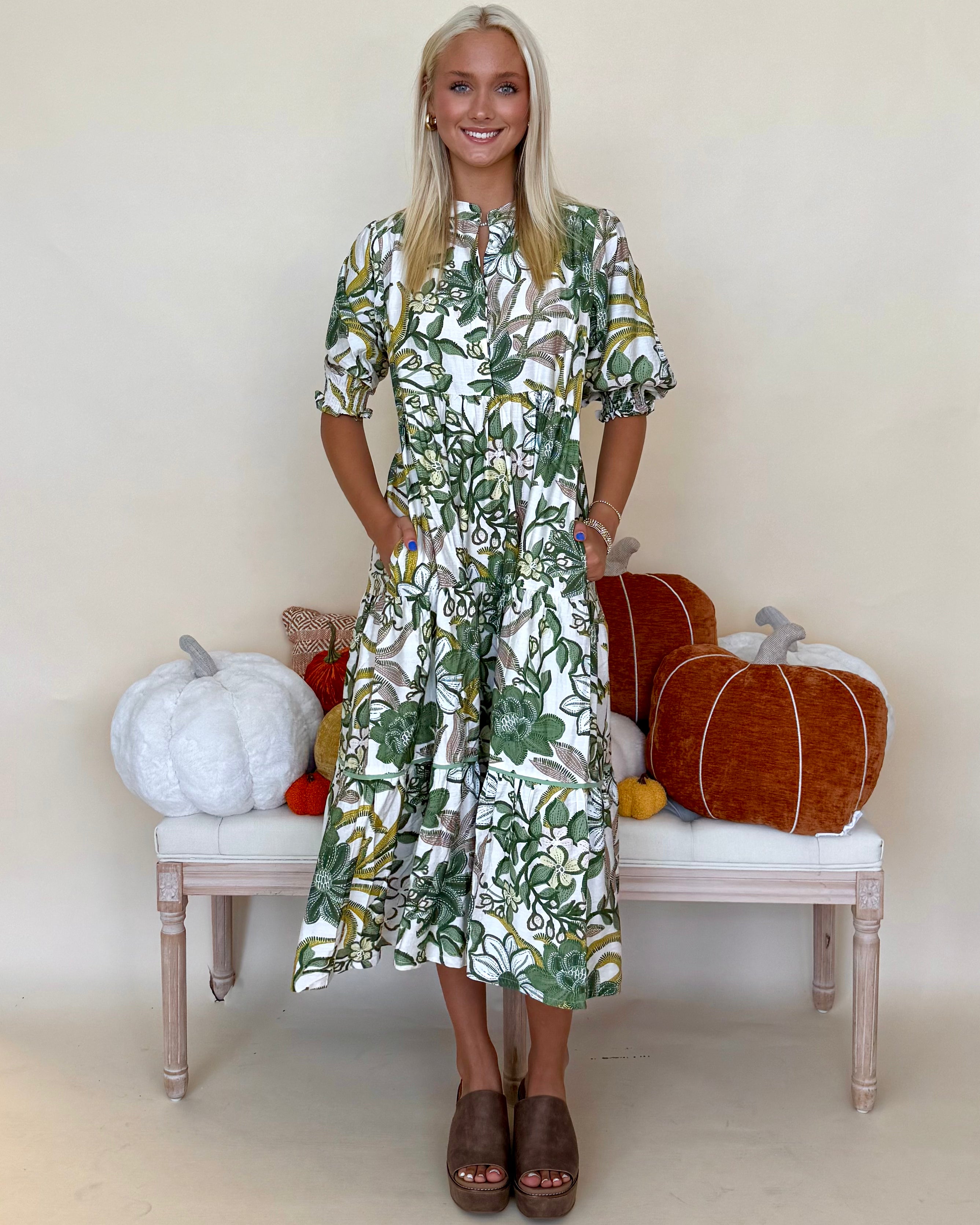 Right Turn Green Mix Floral Midi Dress-Shop-Womens-Boutique-Clothing