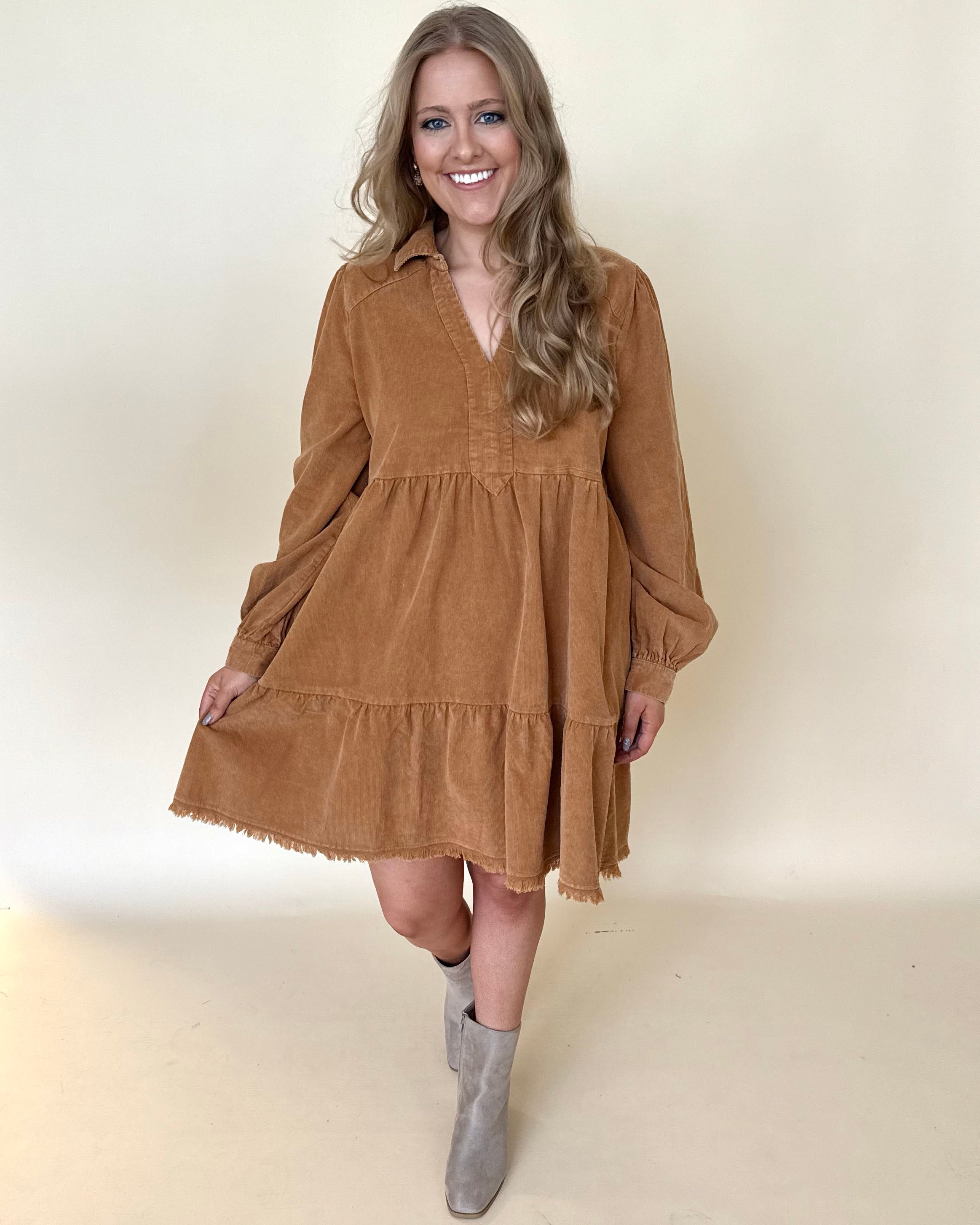 Happy Thoughts Camel Plus Corduroy Dress-Shop-Womens-Boutique-Clothing