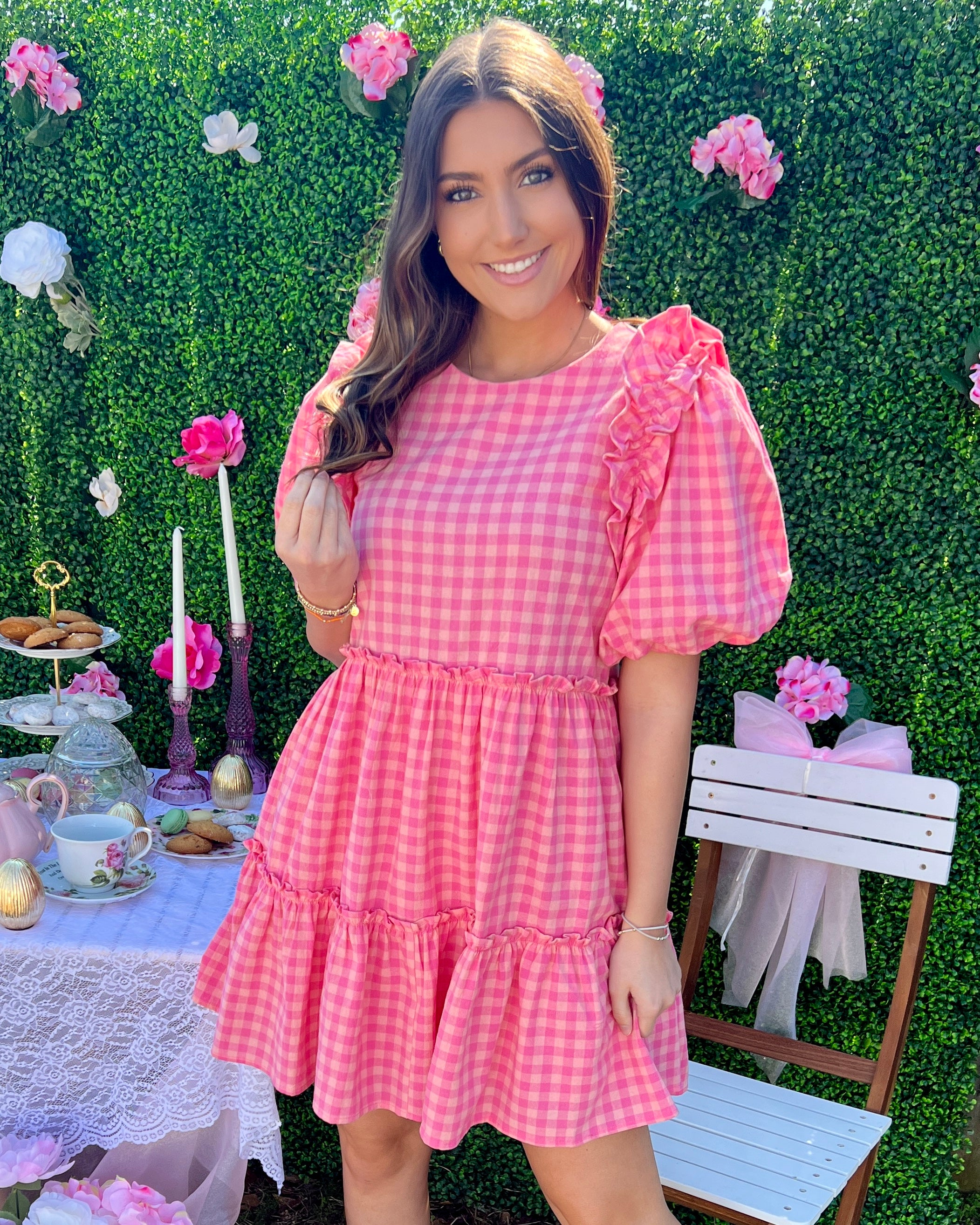 Happy Place Pink Gingham Ruffle Dress-Shop-Womens-Boutique-Clothing