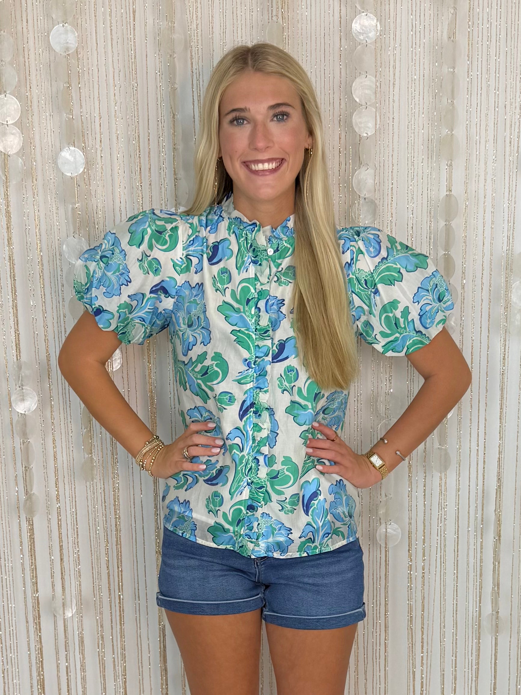 Garden Bloom Emerald Mix Printed Button Top-Shop-Womens-Boutique-Clothing