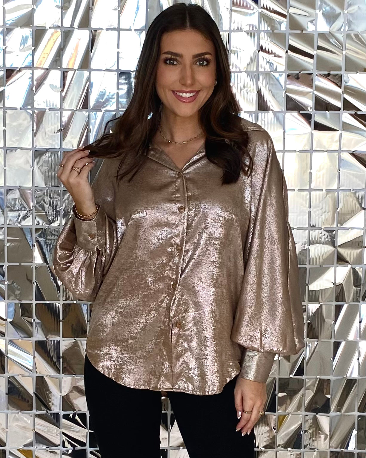 So Charmed Taupe Metallic Blouse-Shop-Womens-Boutique-Clothing