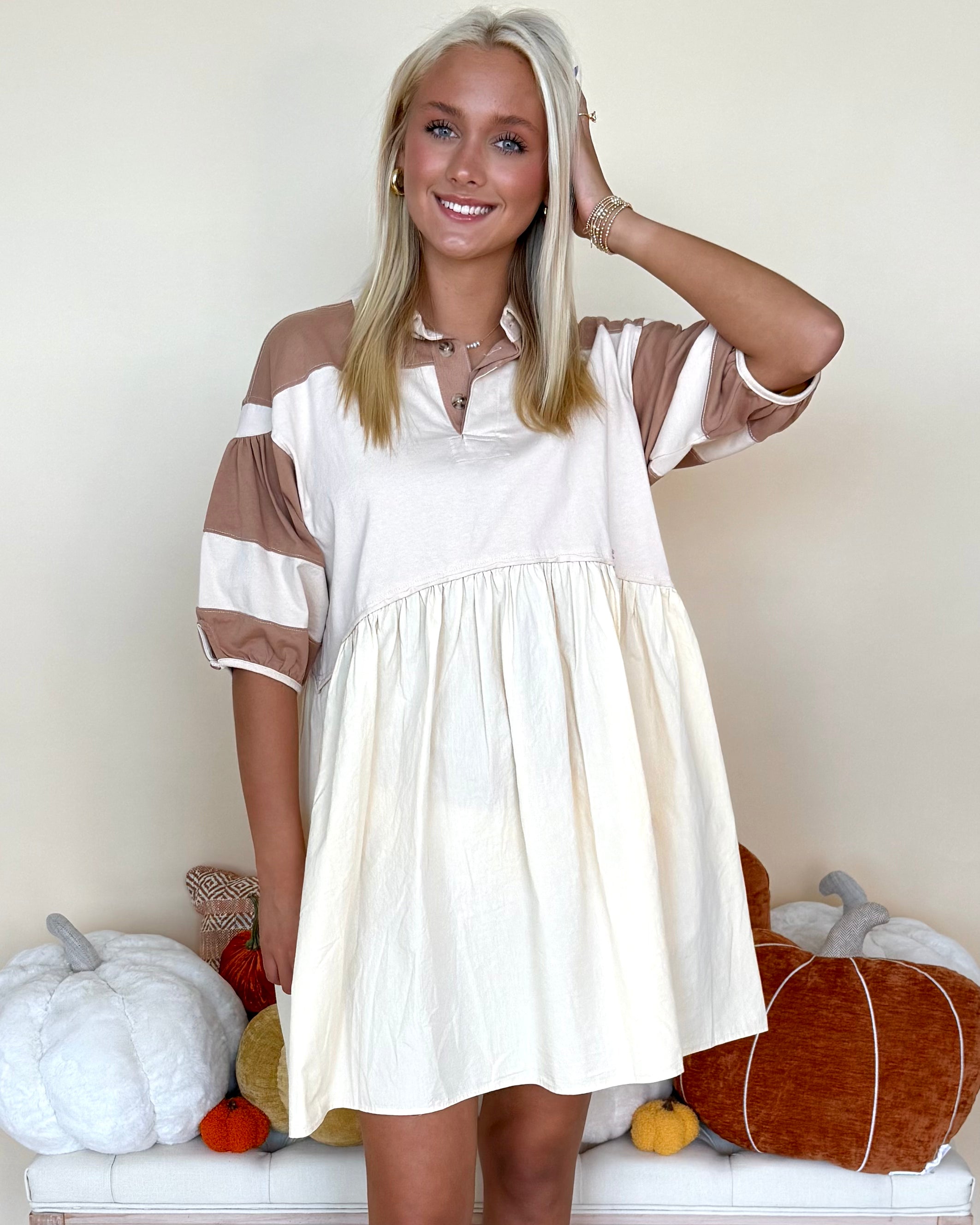 Day Dreaming Oatmeal Mix Oversized Pleated Dress-Shop-Womens-Boutique-Clothing