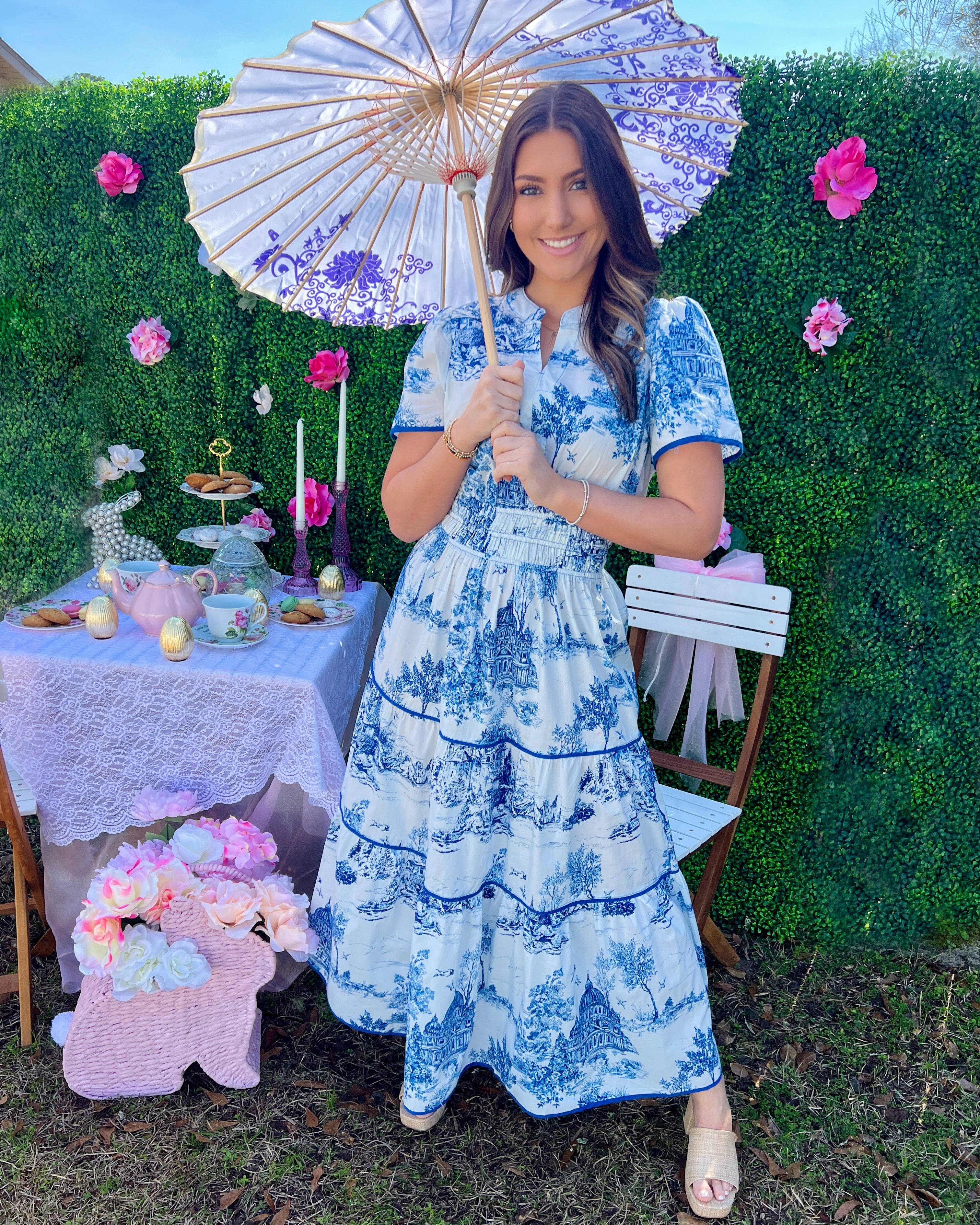Safe Travels Blue Toile Smocked Midi Dress-Shop-Womens-Boutique-Clothing