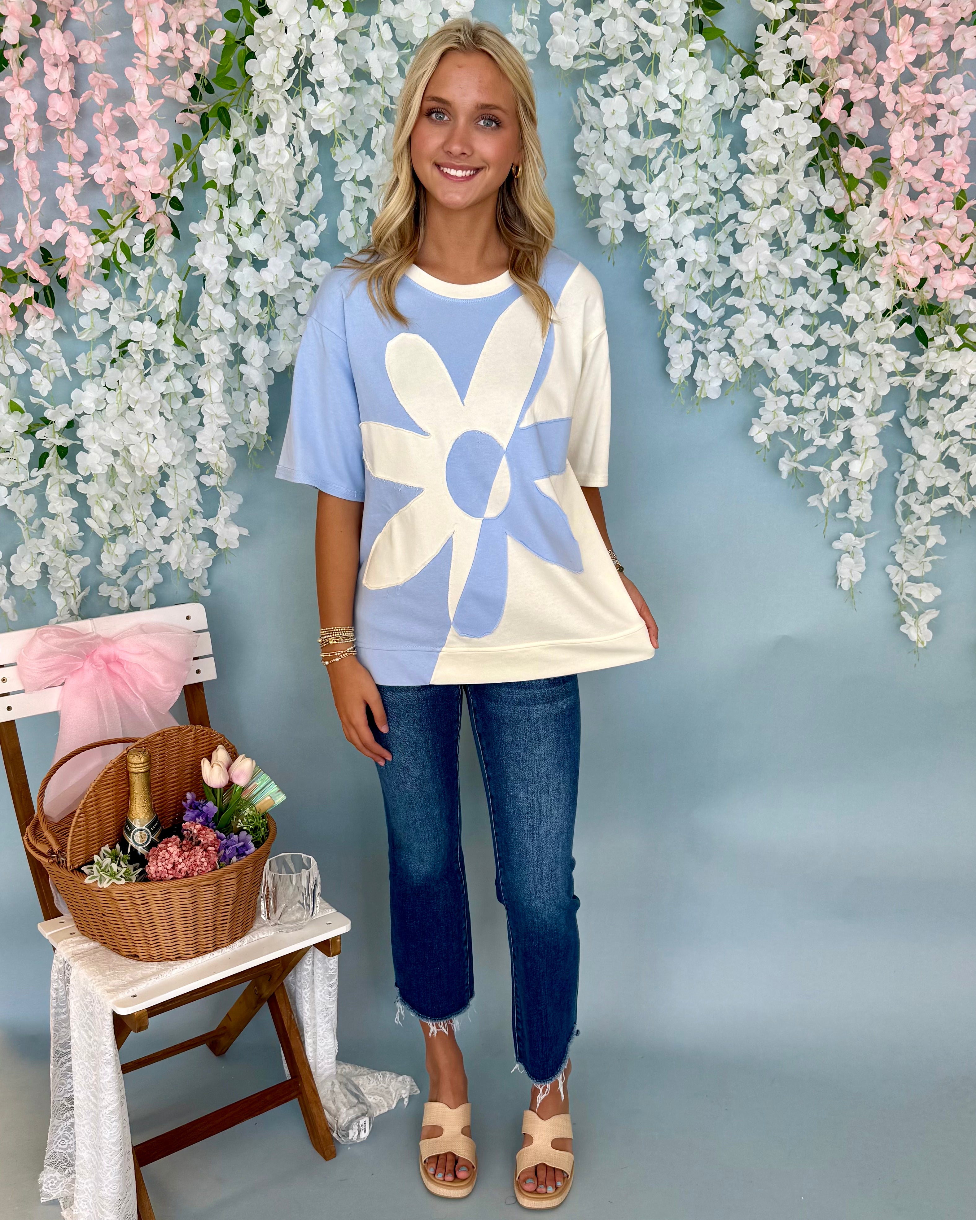 Gracefully Sky Blue/White Flower Top-Shop-Womens-Boutique-Clothing