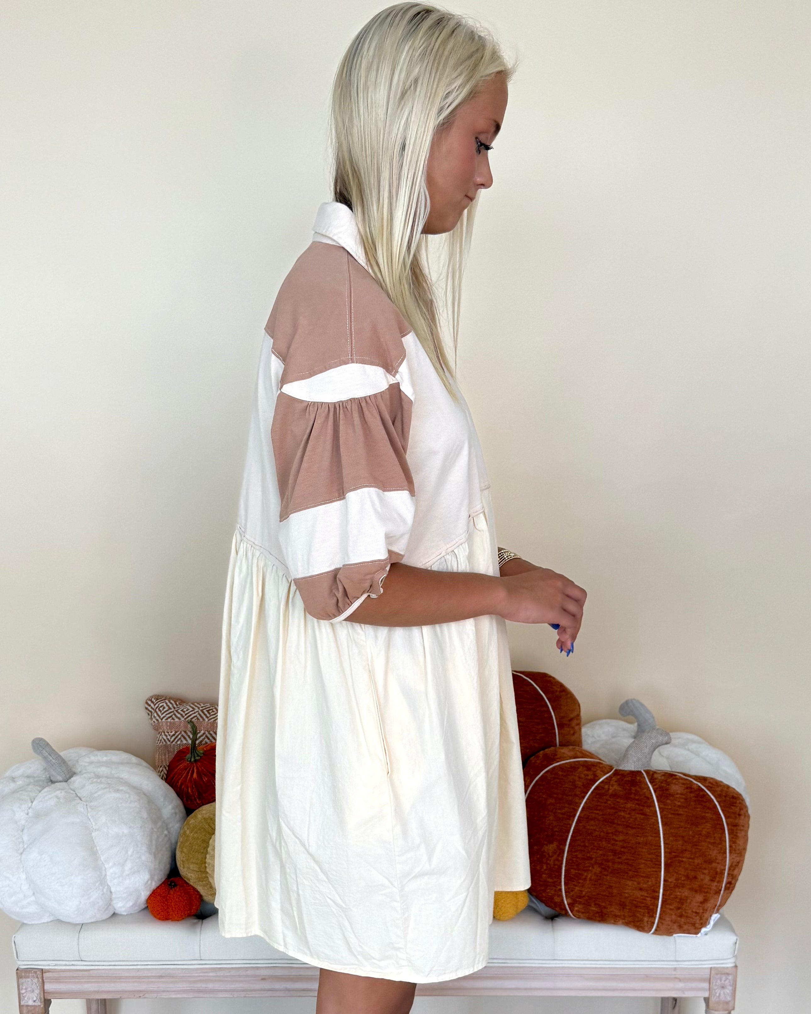 Day Dreaming Oatmeal Mix Oversized Pleated Dress-Shop-Womens-Boutique-Clothing