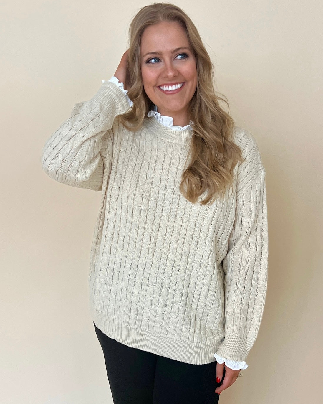 On Time Cream Plus Knit Ruffle Shirt Sweater-Shop-Womens-Boutique-Clothing