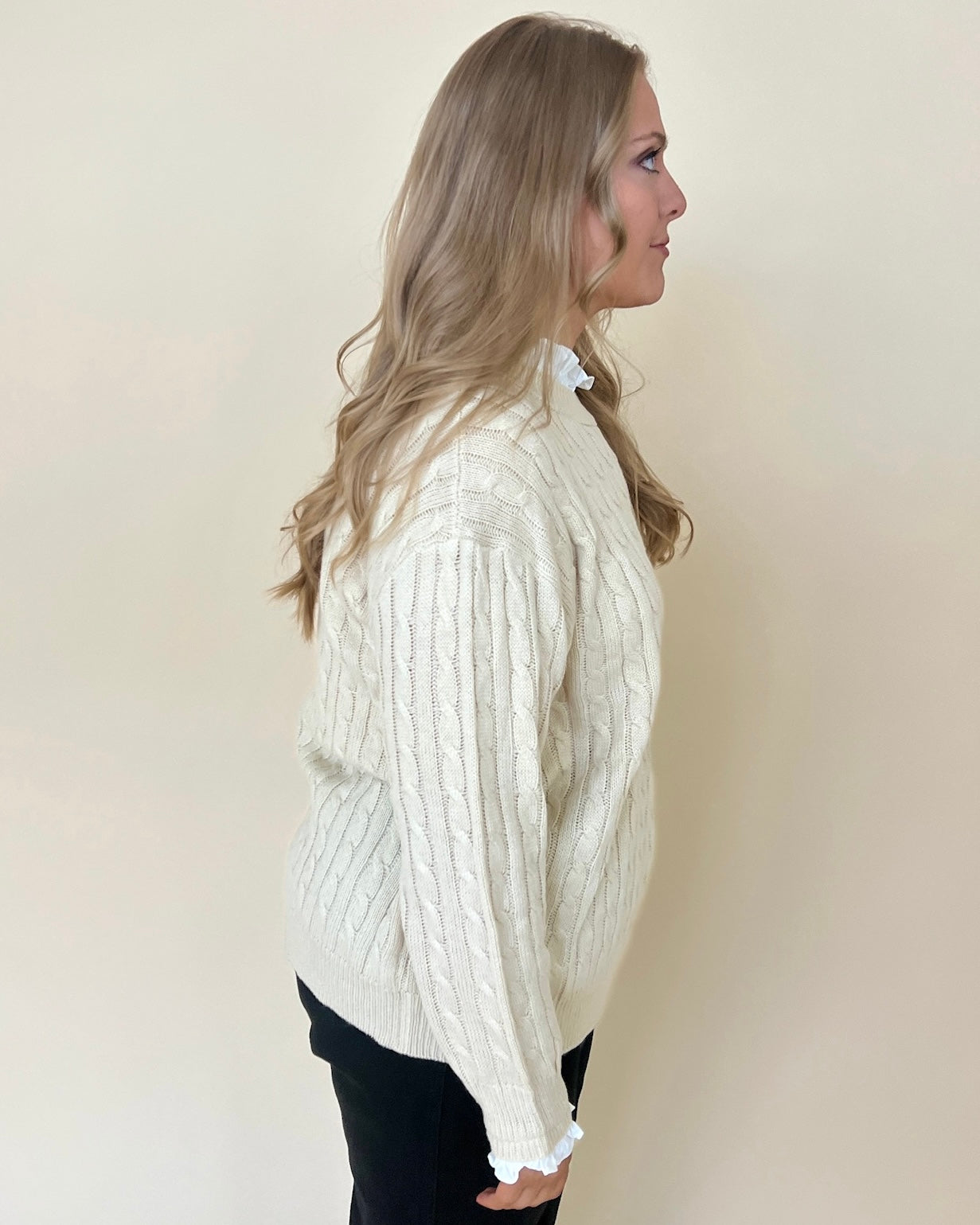 On Time Cream Plus Knit Ruffle Shirt Sweater-Shop-Womens-Boutique-Clothing