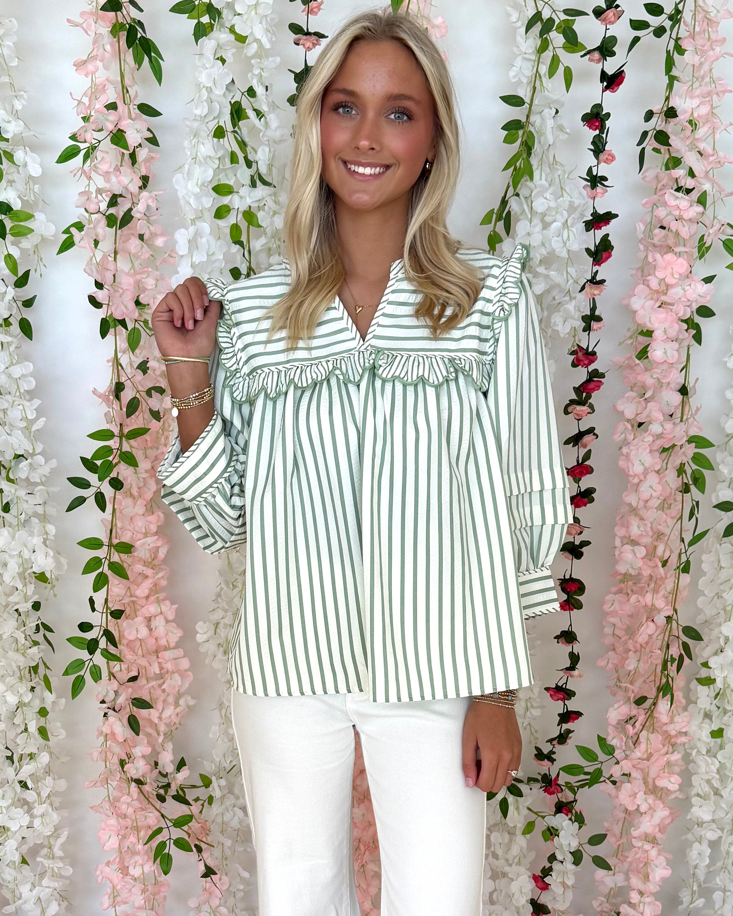 Might Be Green Tea Stripe Ruffle Top-Shop-Womens-Boutique-Clothing