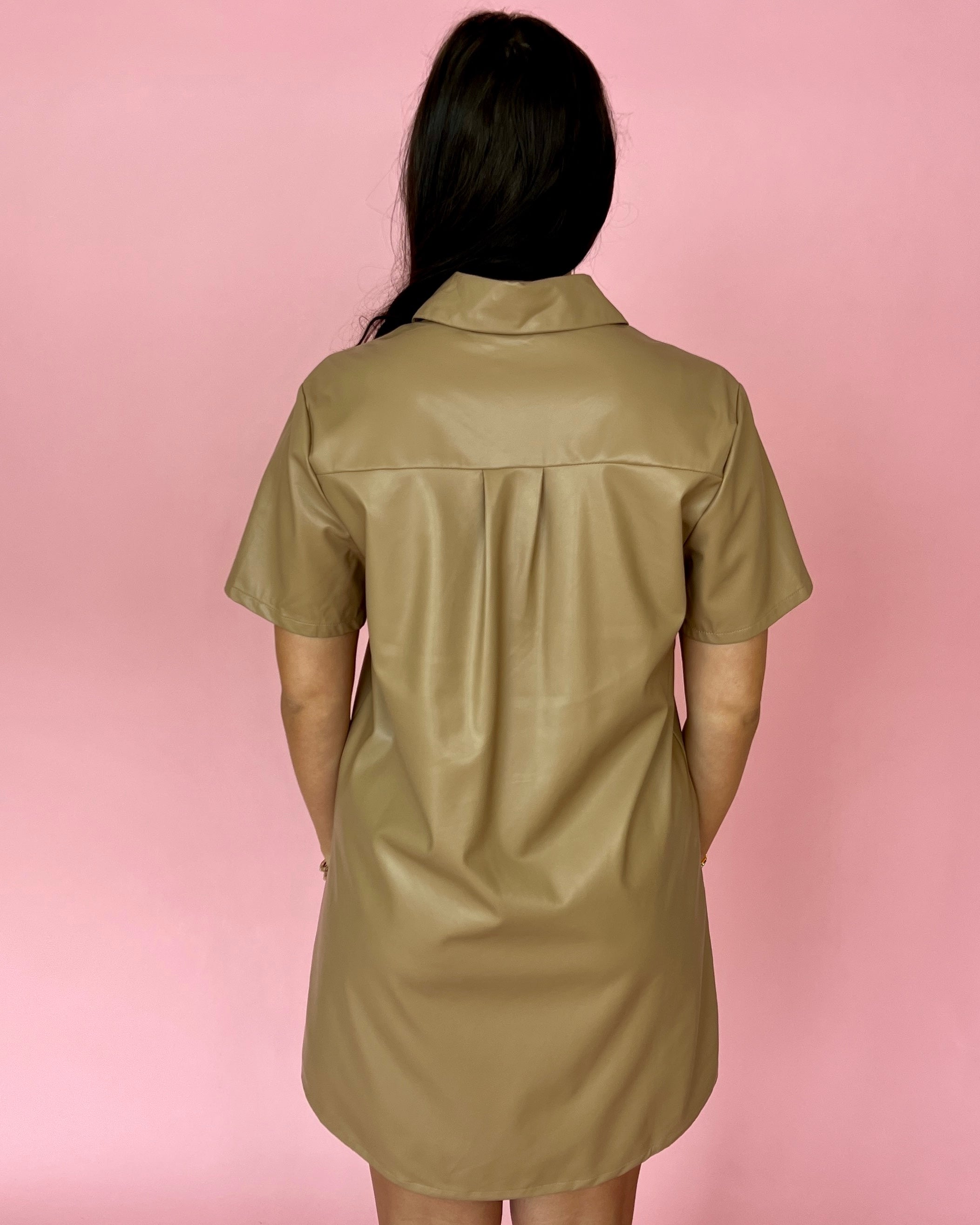 Get Out There Camel Faux Leather Button Down Dress-Shop-Womens-Boutique-Clothing