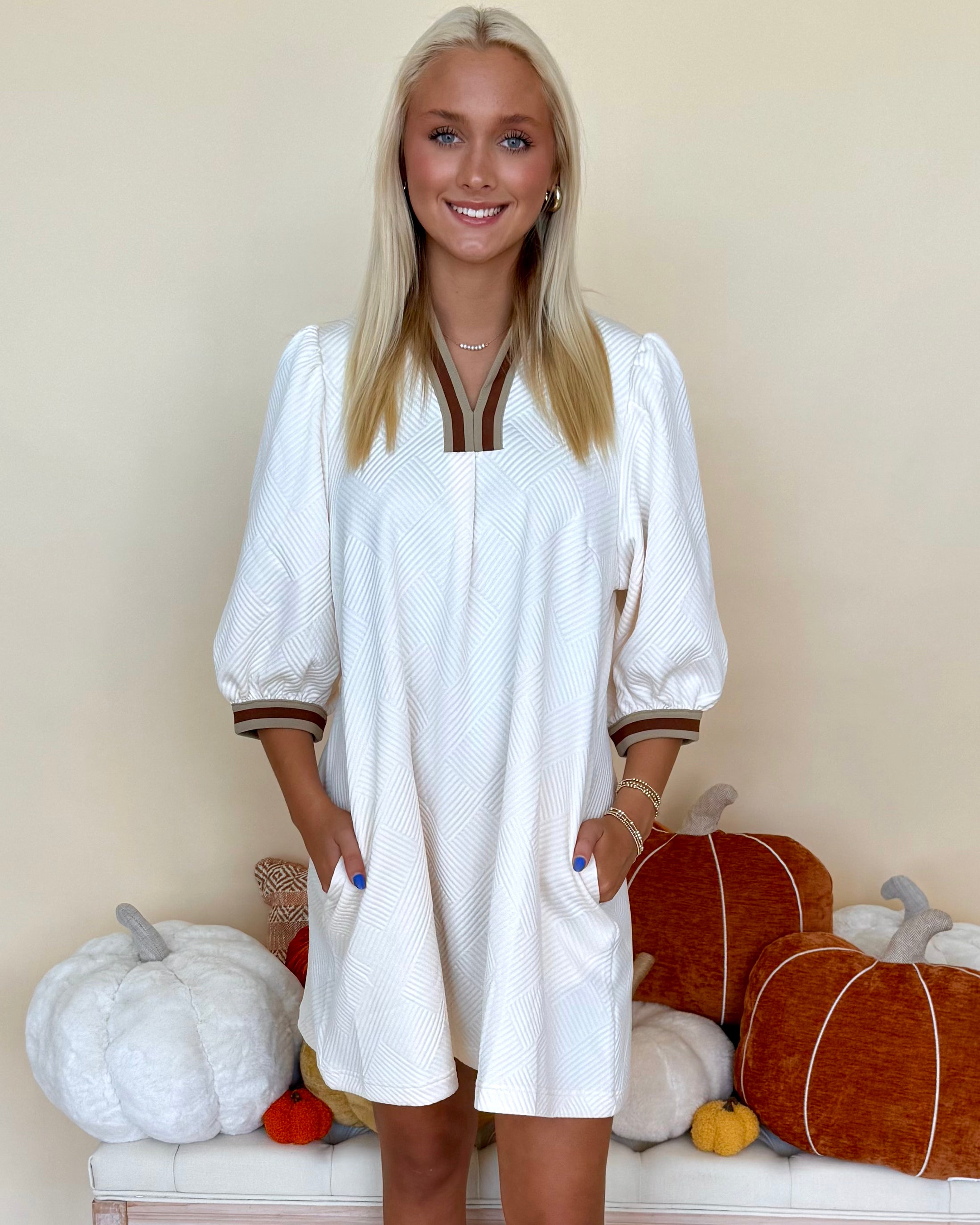 Return To It Cream Jacquard Stripe Dress-Shop-Womens-Boutique-Clothing