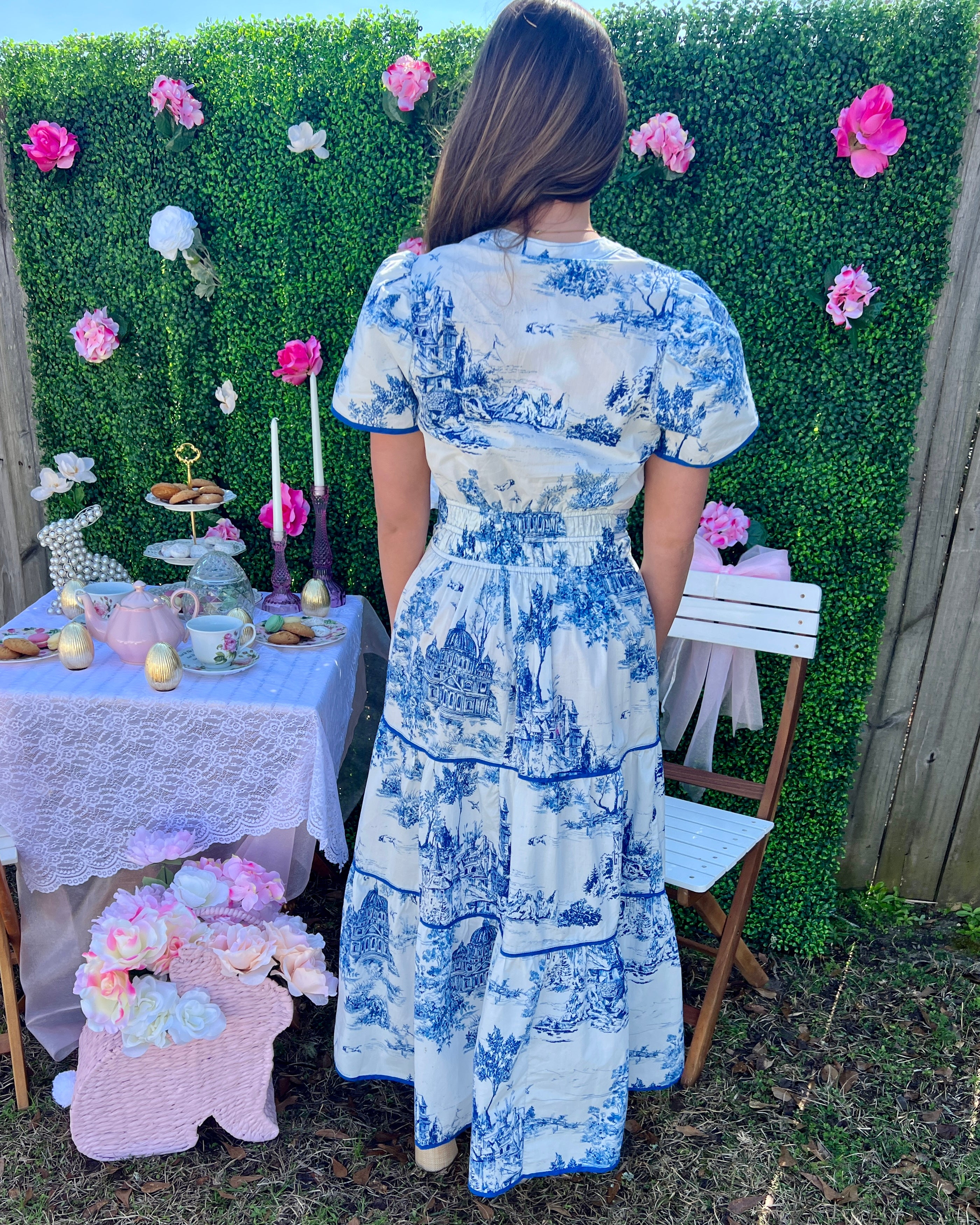 Safe Travels Blue Toile Smocked Midi Dress-Shop-Womens-Boutique-Clothing
