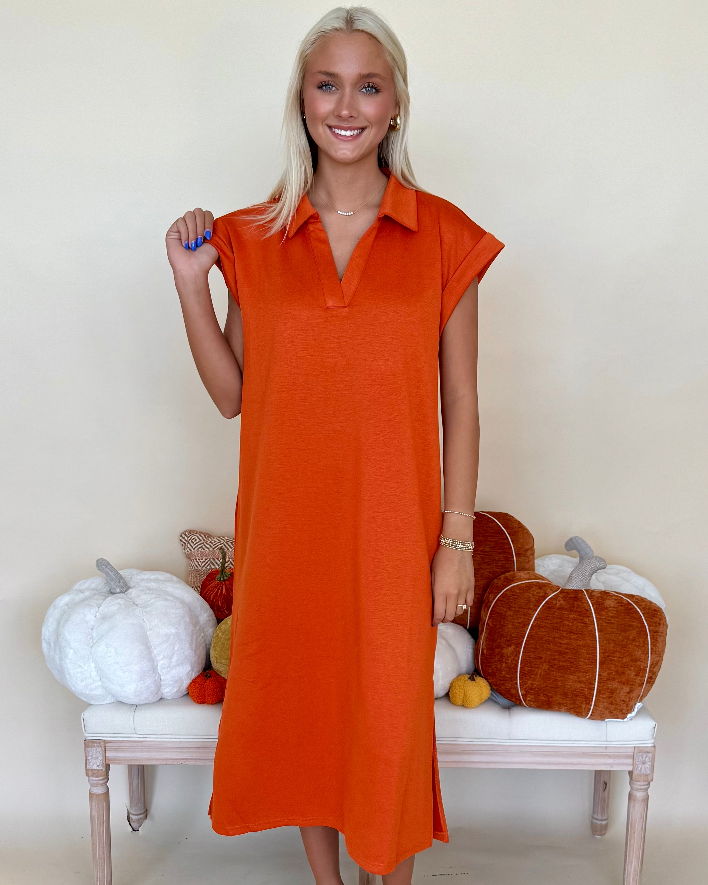 Kind Glances Orange Collared Midi Dress-Shop-Womens-Boutique-Clothing