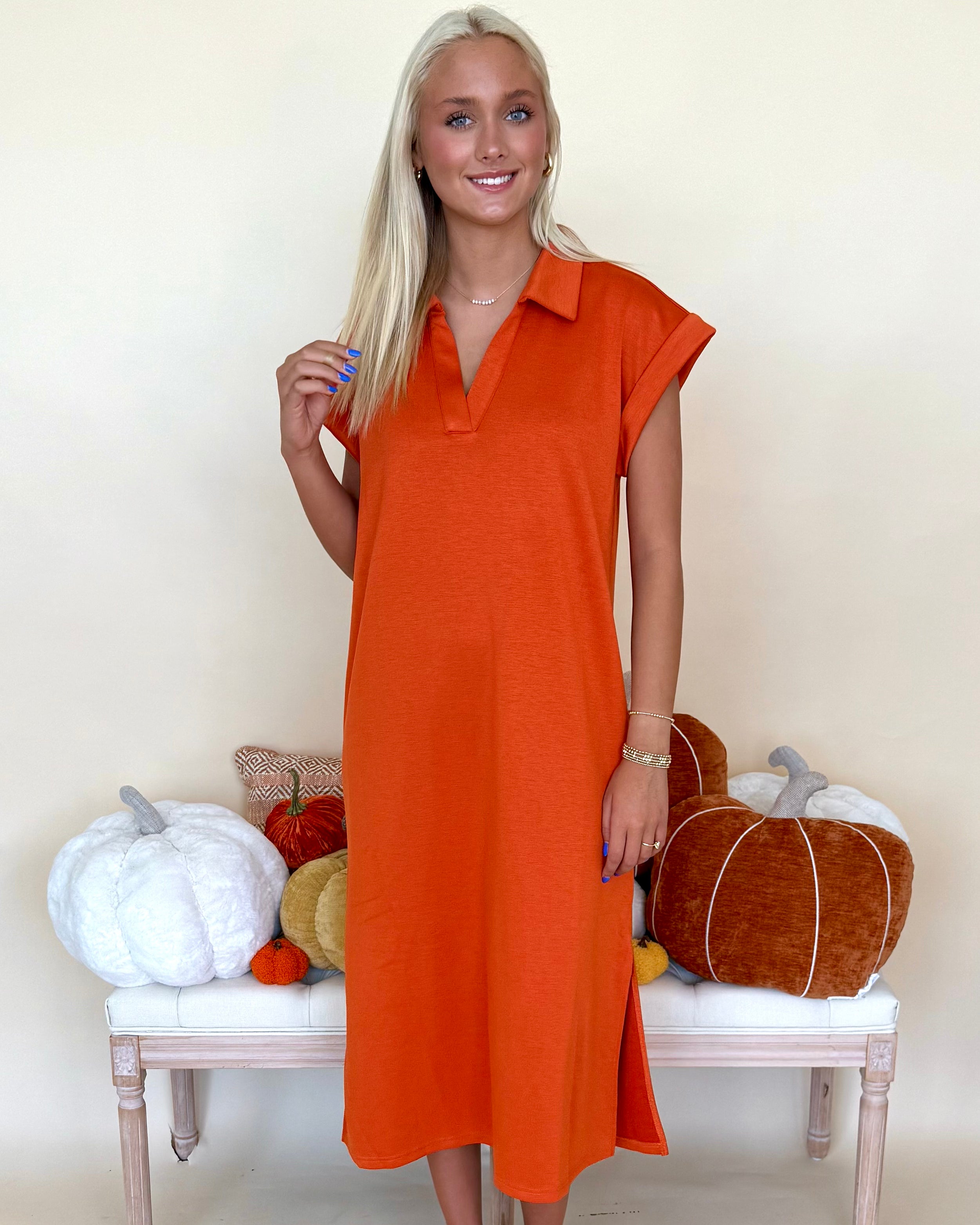Kind Glances Orange Collared Midi Dress-Shop-Womens-Boutique-Clothing