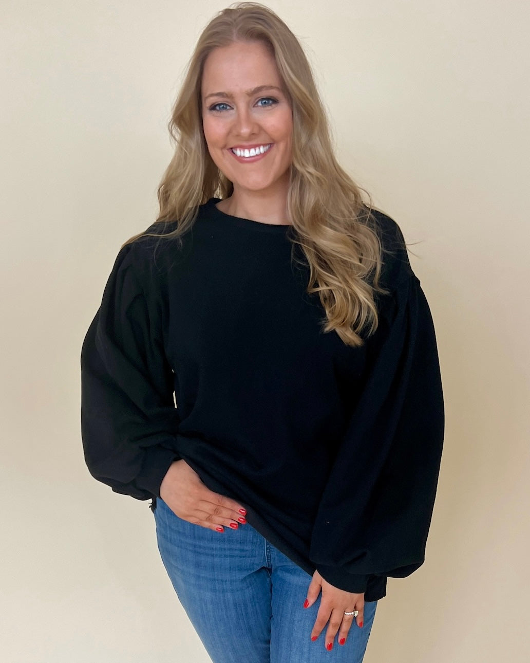 Coziest Place Black Plus Bubble Sleeve Sweatshirt-Shop-Womens-Boutique-Clothing