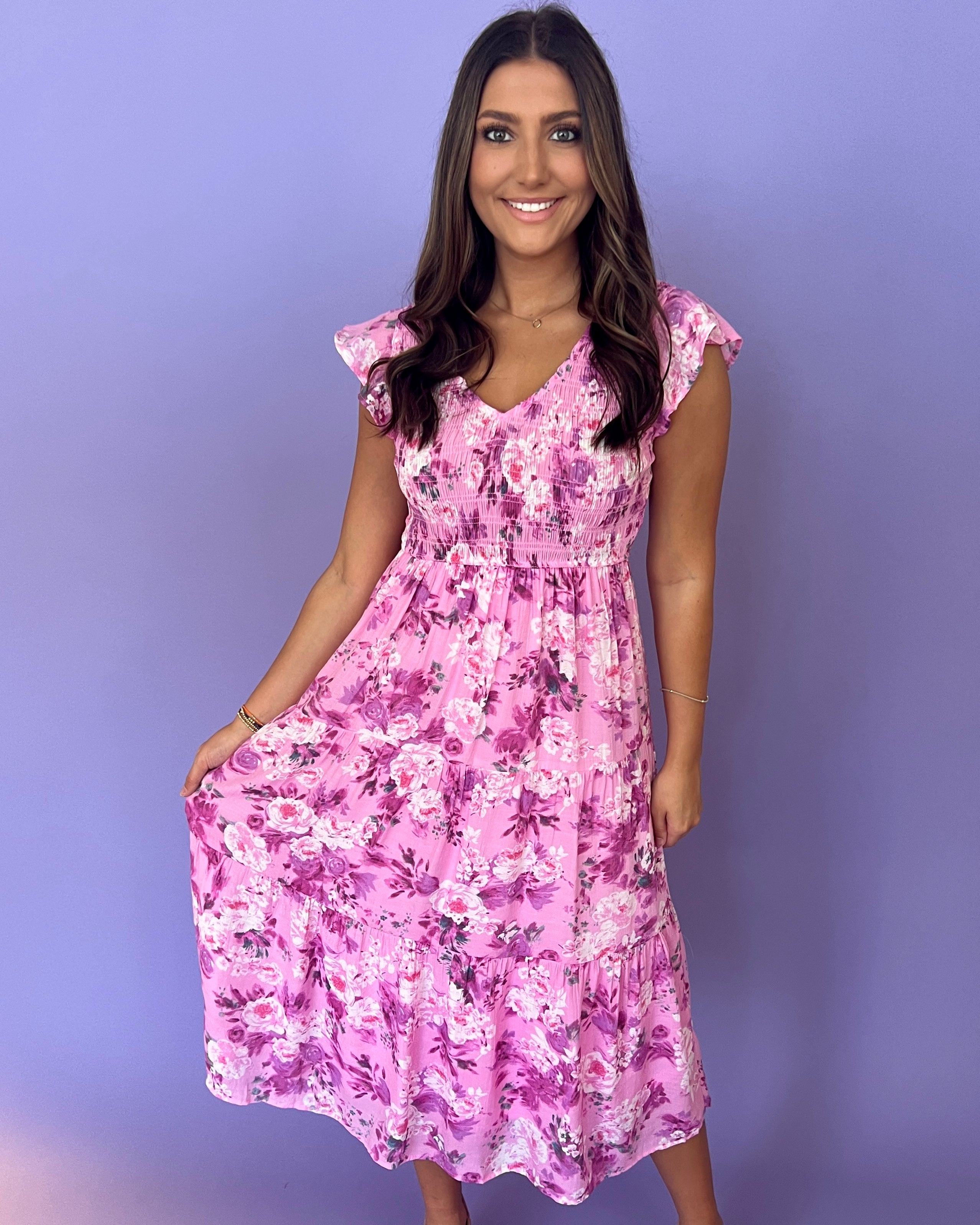 Next Chapter Pink Multi Floral Midi Dress-Shop-Womens-Boutique-Clothing