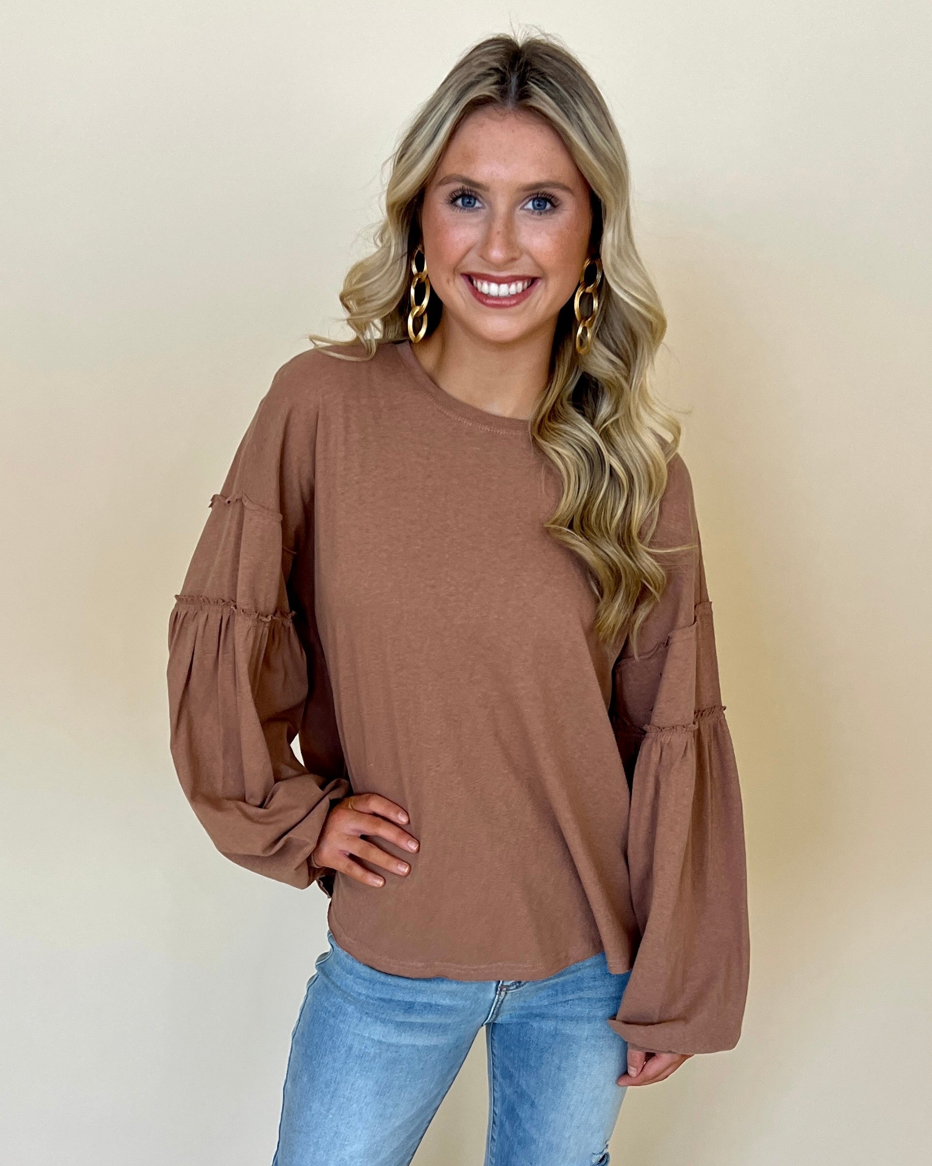 Only You Cocoa Slub Puff Sleeve Top-Shop-Womens-Boutique-Clothing