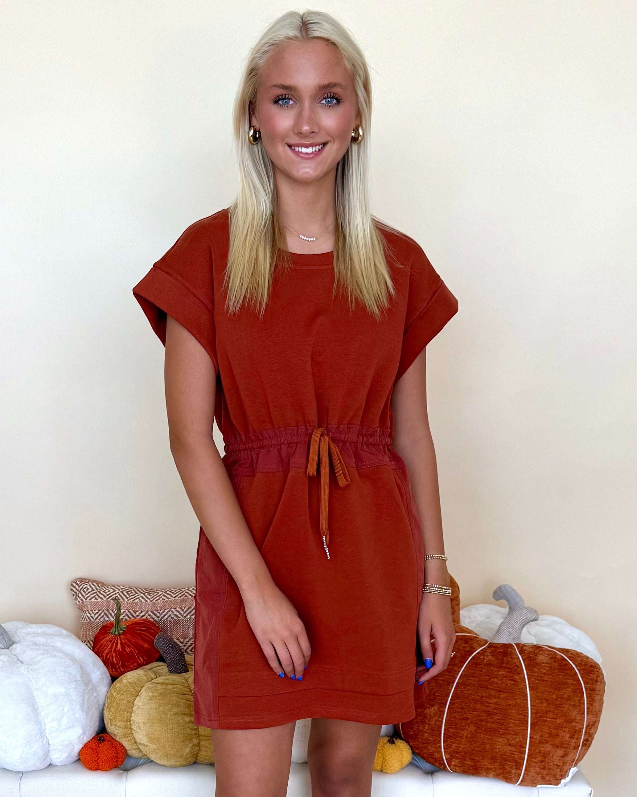 Finish Line Rust Tie Waist Dress-Shop-Womens-Boutique-Clothing