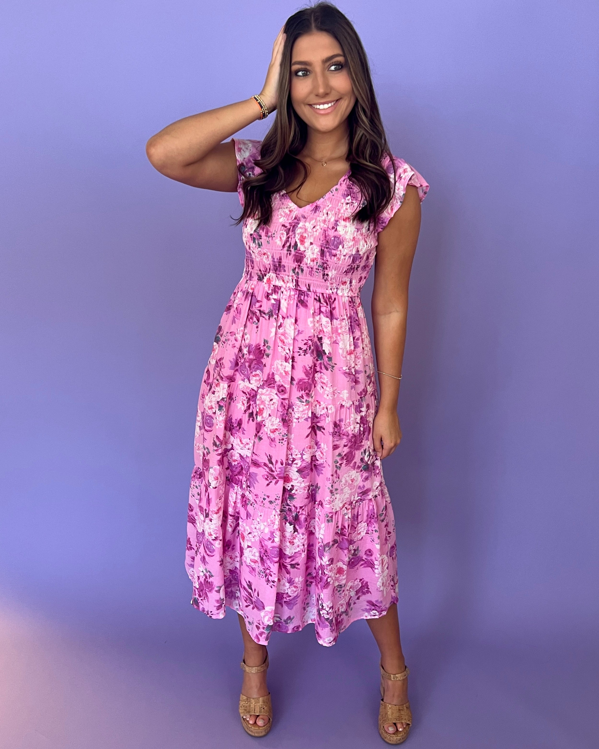 Next Chapter Pink Multi Floral Midi Dress-Shop-Womens-Boutique-Clothing