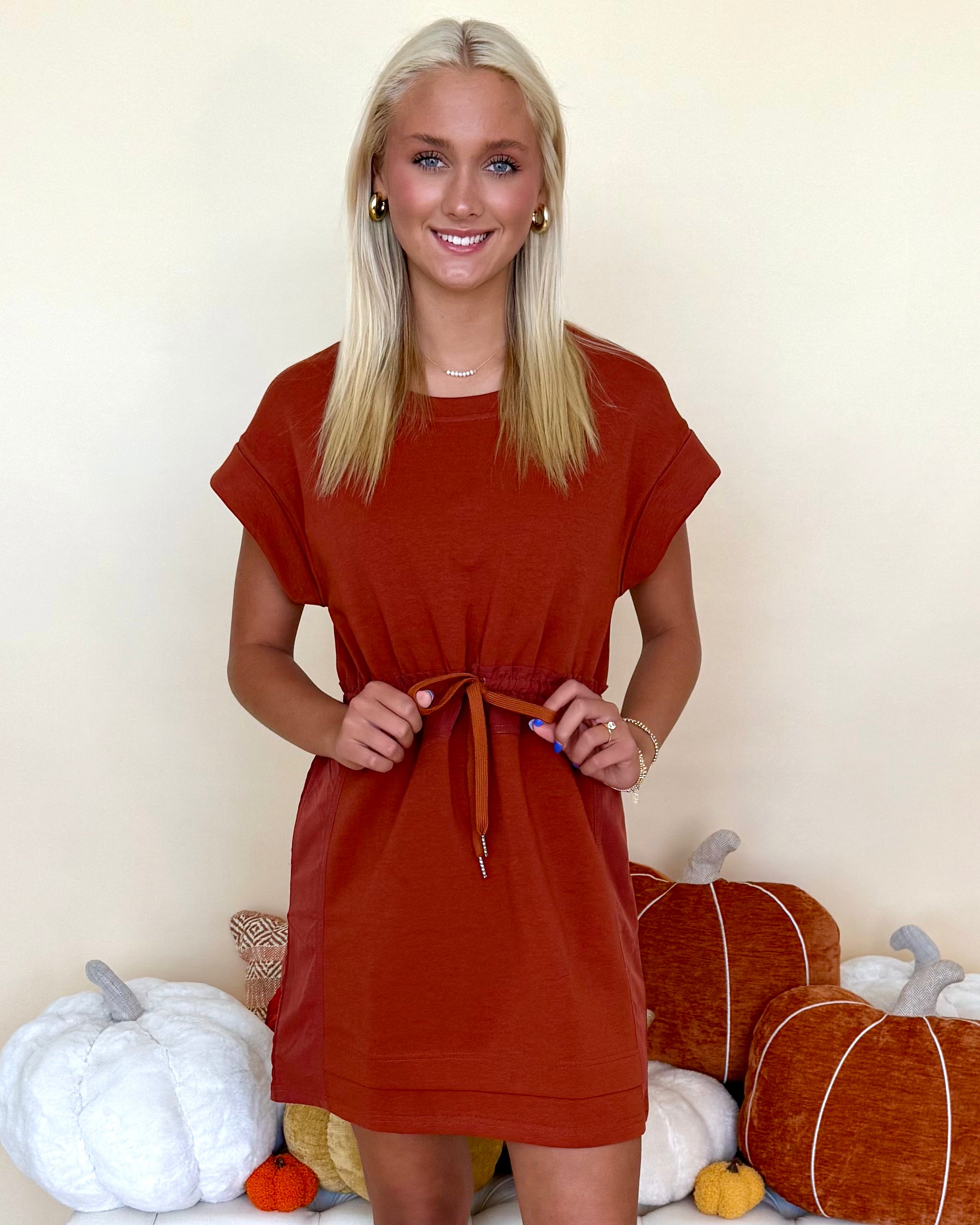Finish Line Rust Tie Waist Dress-Shop-Womens-Boutique-Clothing